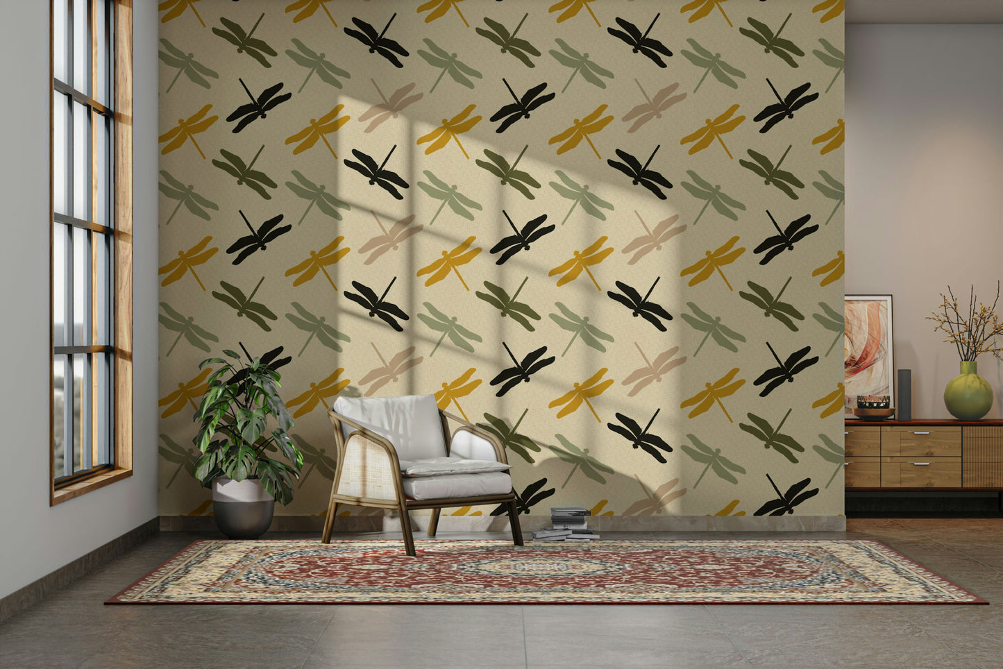 Nature-themed wallpaper with flying insects and warm tones.

