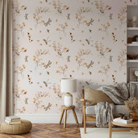 The image features several stylized dragonflies hovering over large flowers.
