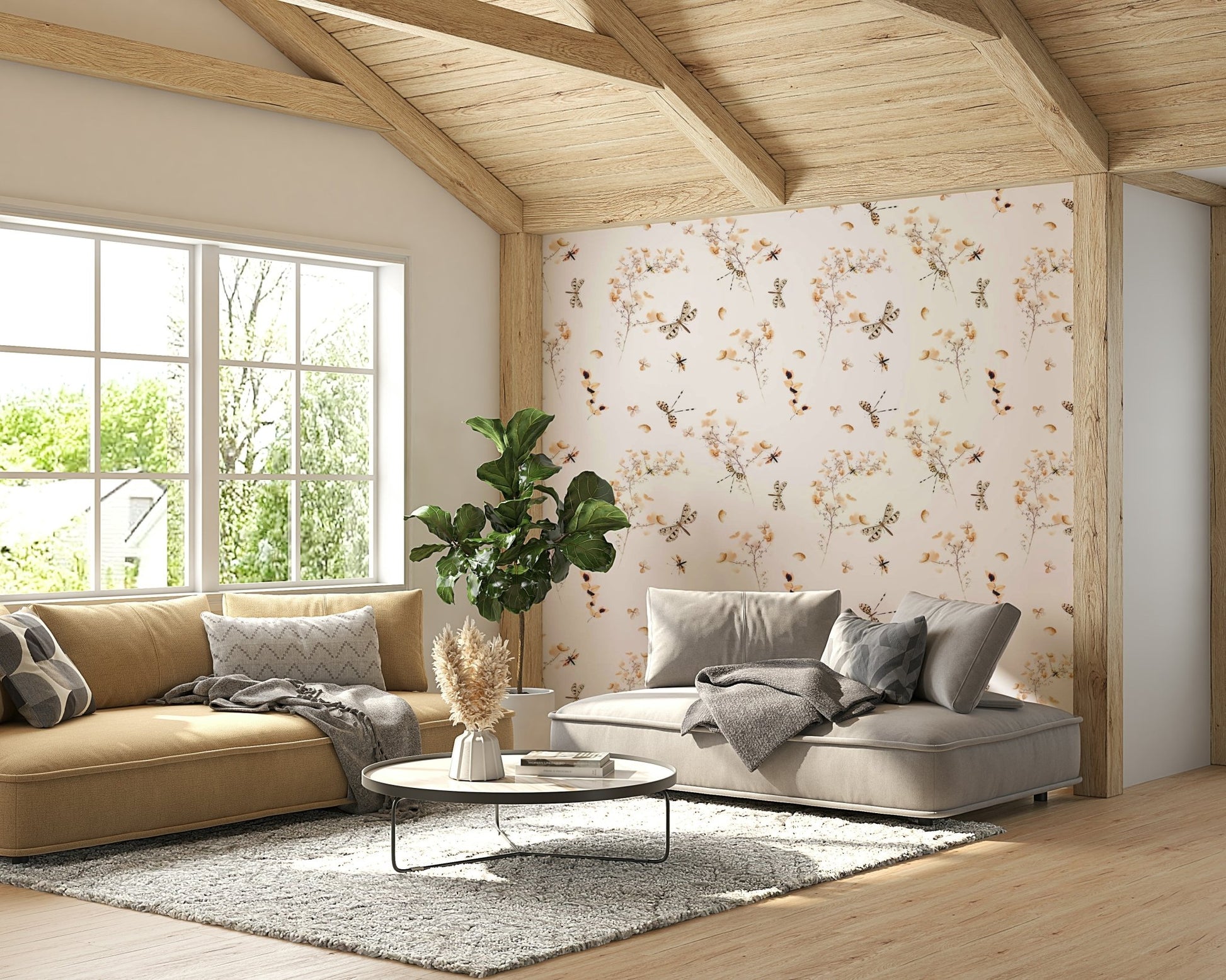 A full-wall mural showing a scene of dragonflies and flowers.
