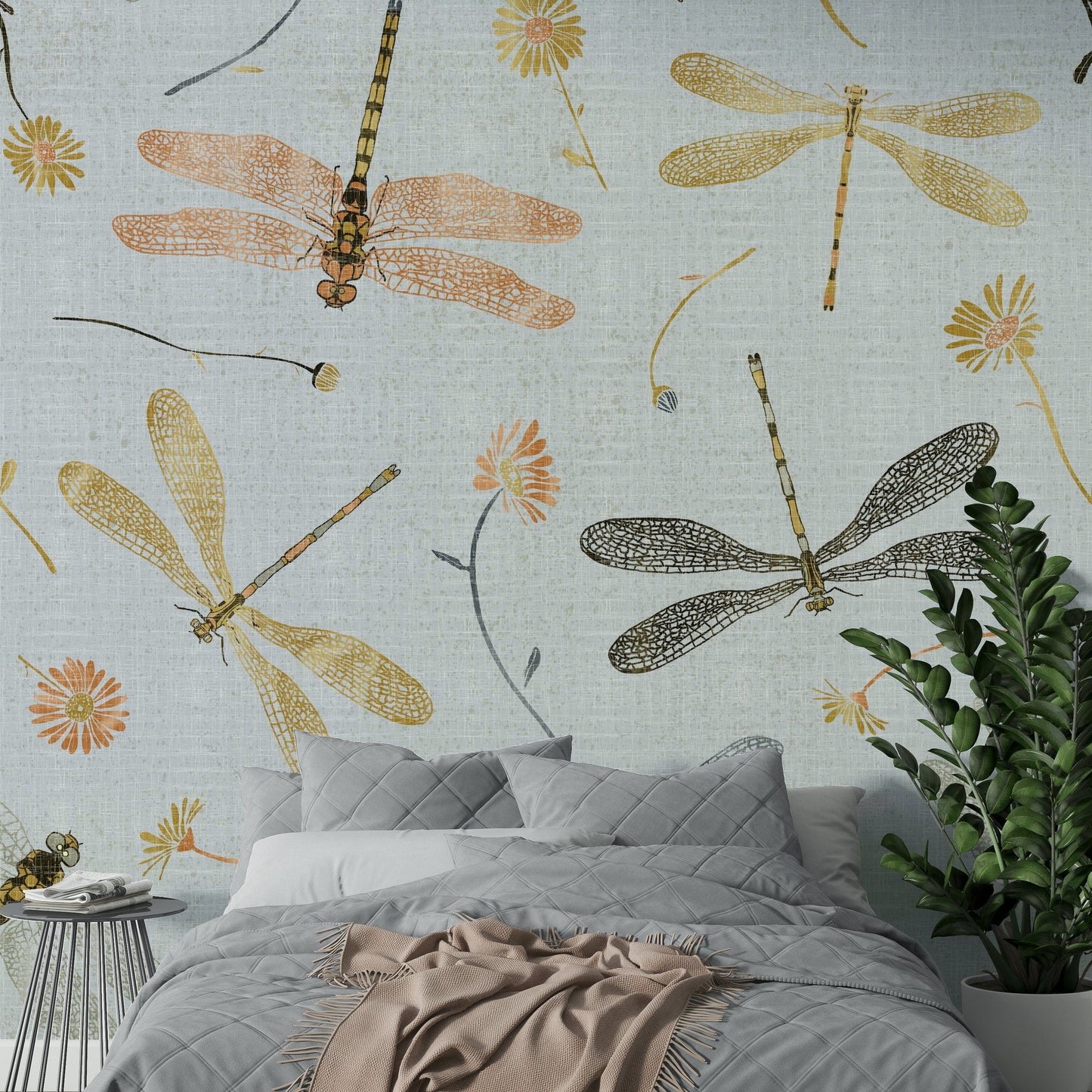 Golden and gray insect mural
