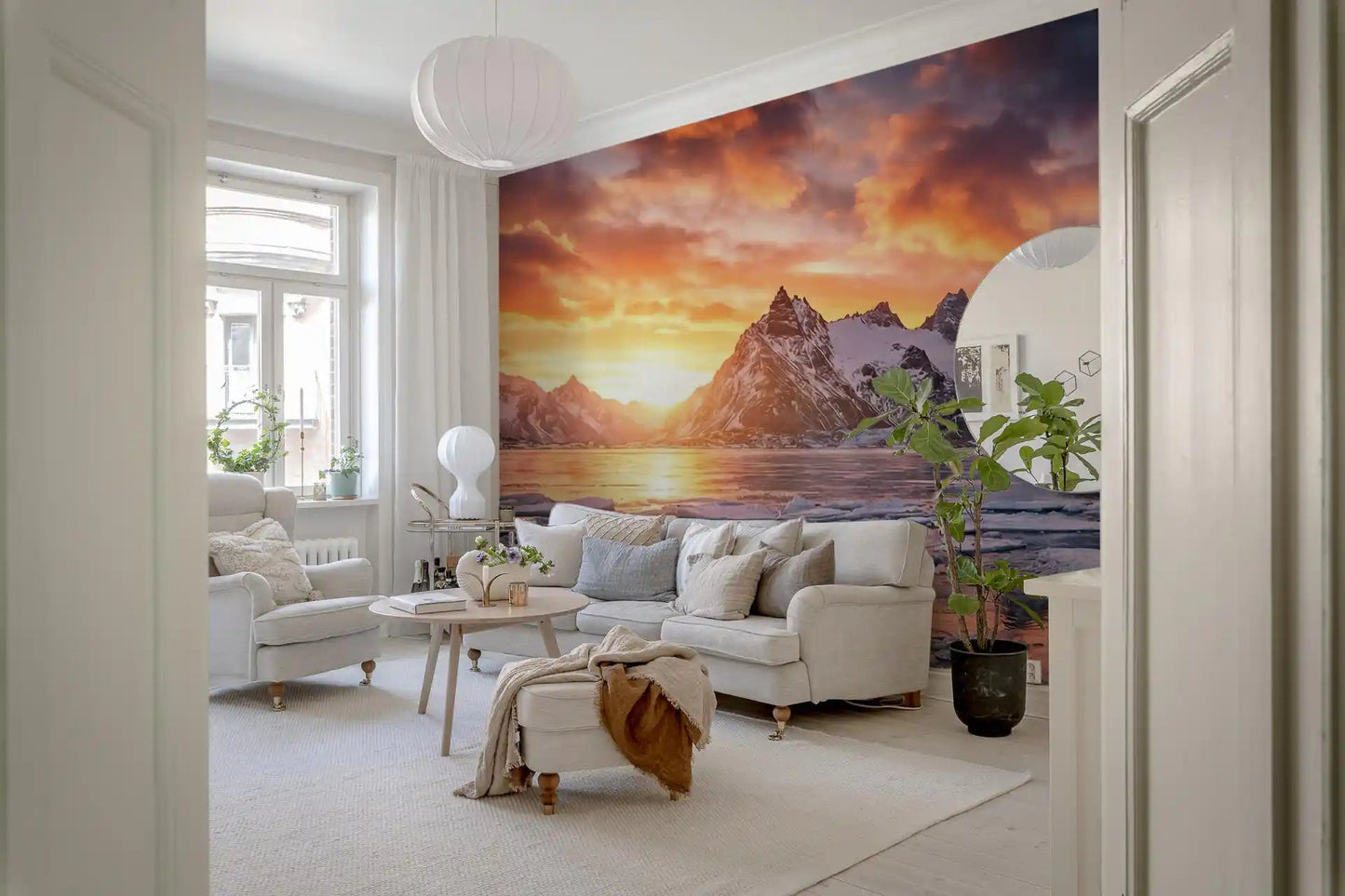 Living room with Dramatic Ice & Fire Peaks wall mural and frozen sunset lake, GD9020