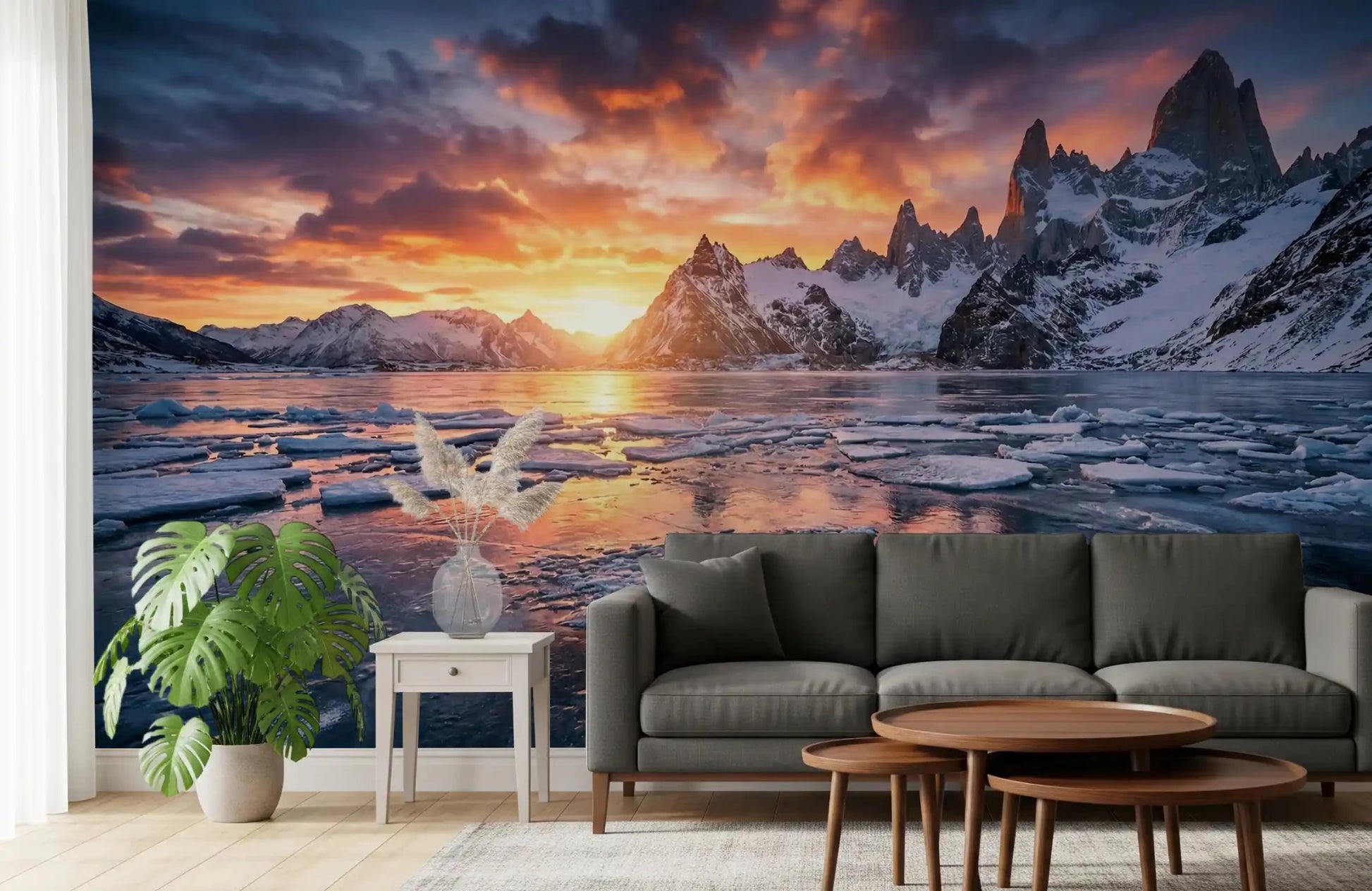 Dramatic Ice & Fire Peaks wall mural with fiery sky over frozen water, GD9020