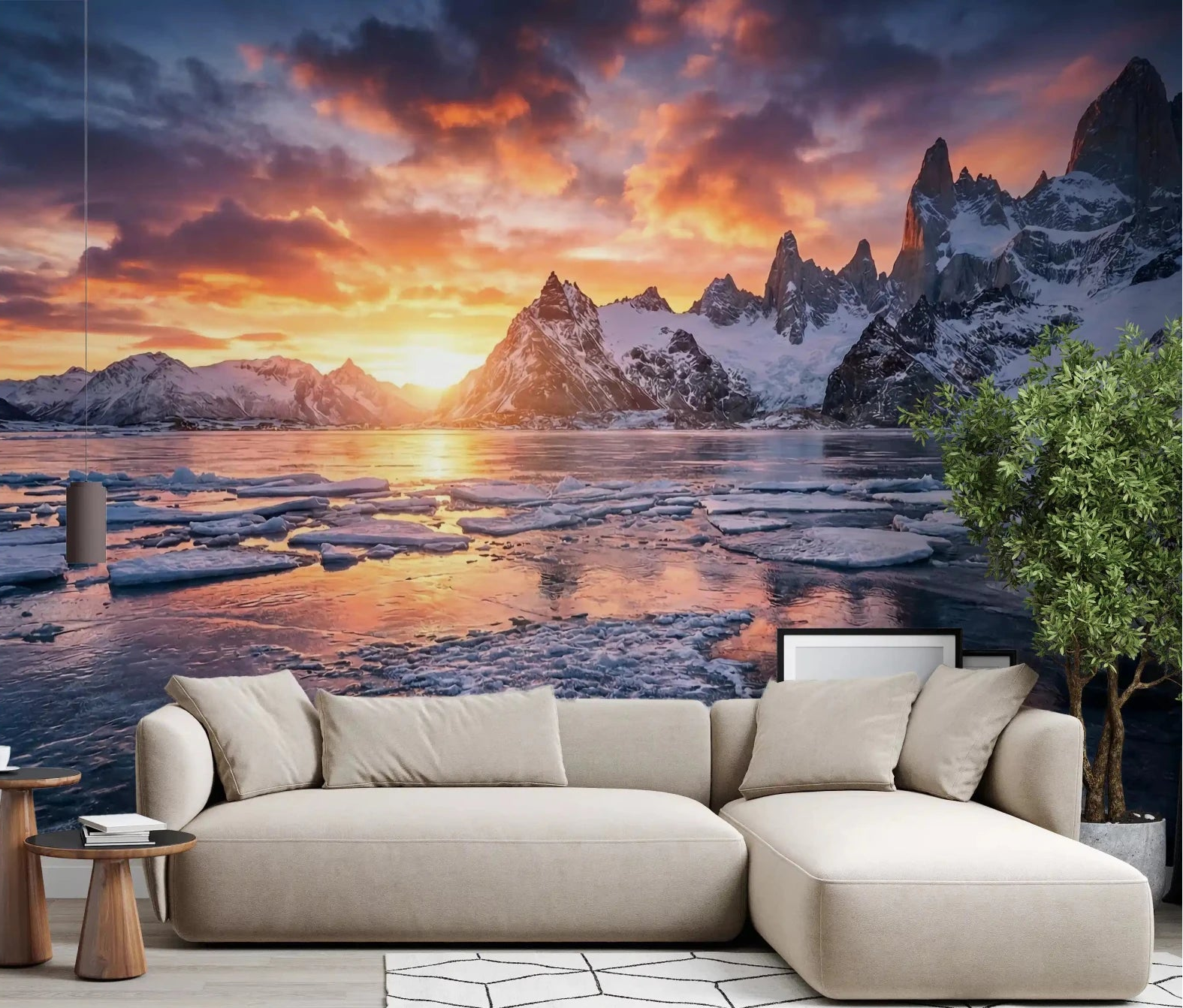 Scenic mountain wall mural with blue ice and warm orange horizon light, GD9020