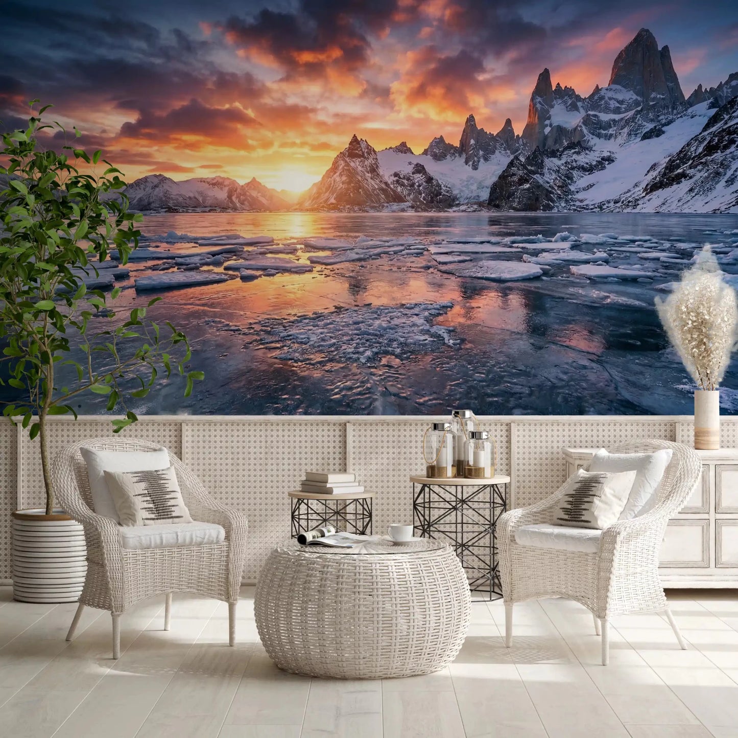 Hallway styled in Dramatic Ice & Fire Peaks wall mural with snowy mountains, GD9020