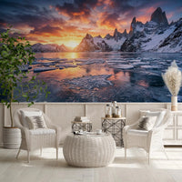 Hallway styled in Dramatic Ice & Fire Peaks wall mural with snowy mountains, GD9020