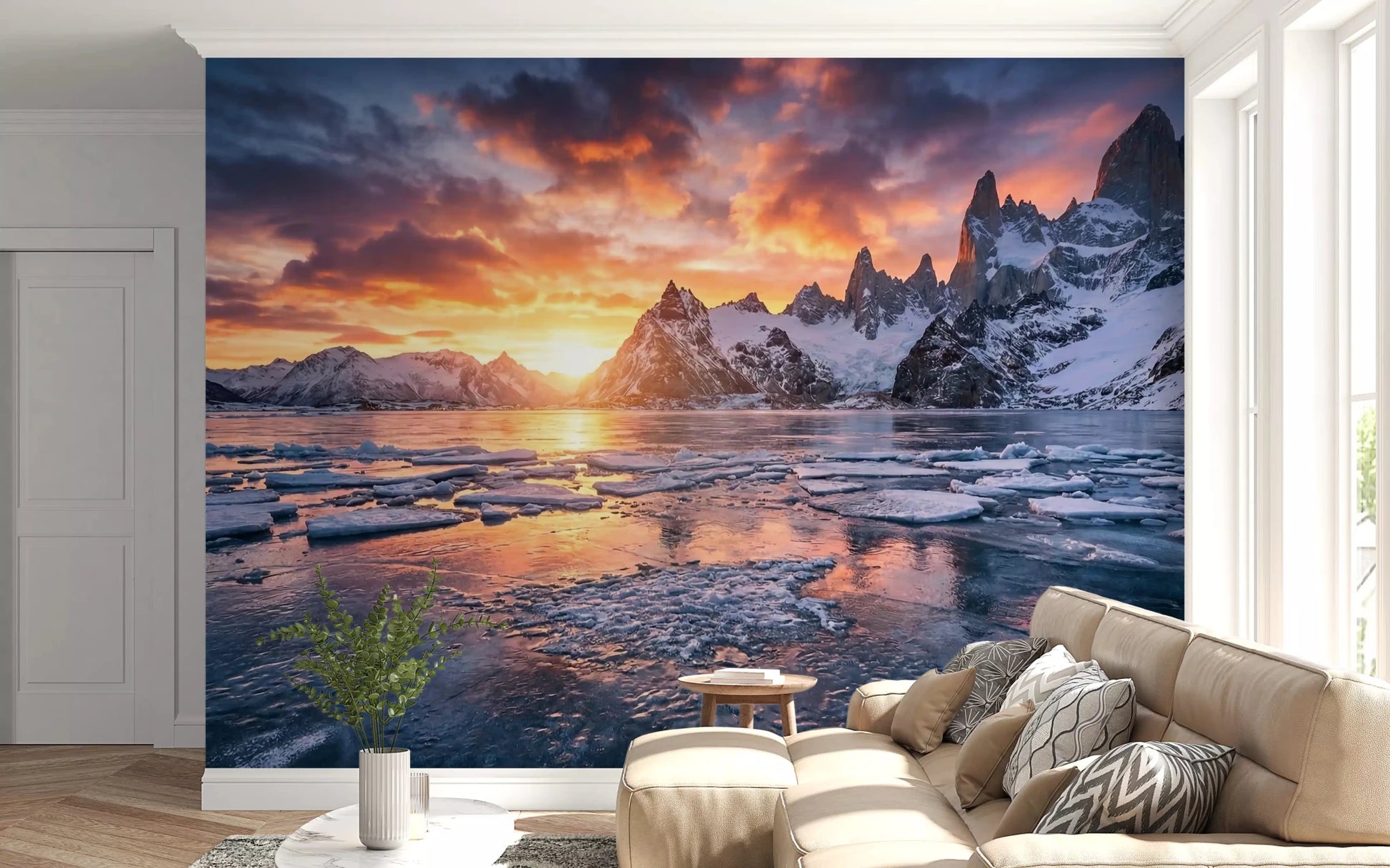 Dramatic Ice & Fire Peaks wall mural with glowing clouds and icy lake, GD9020