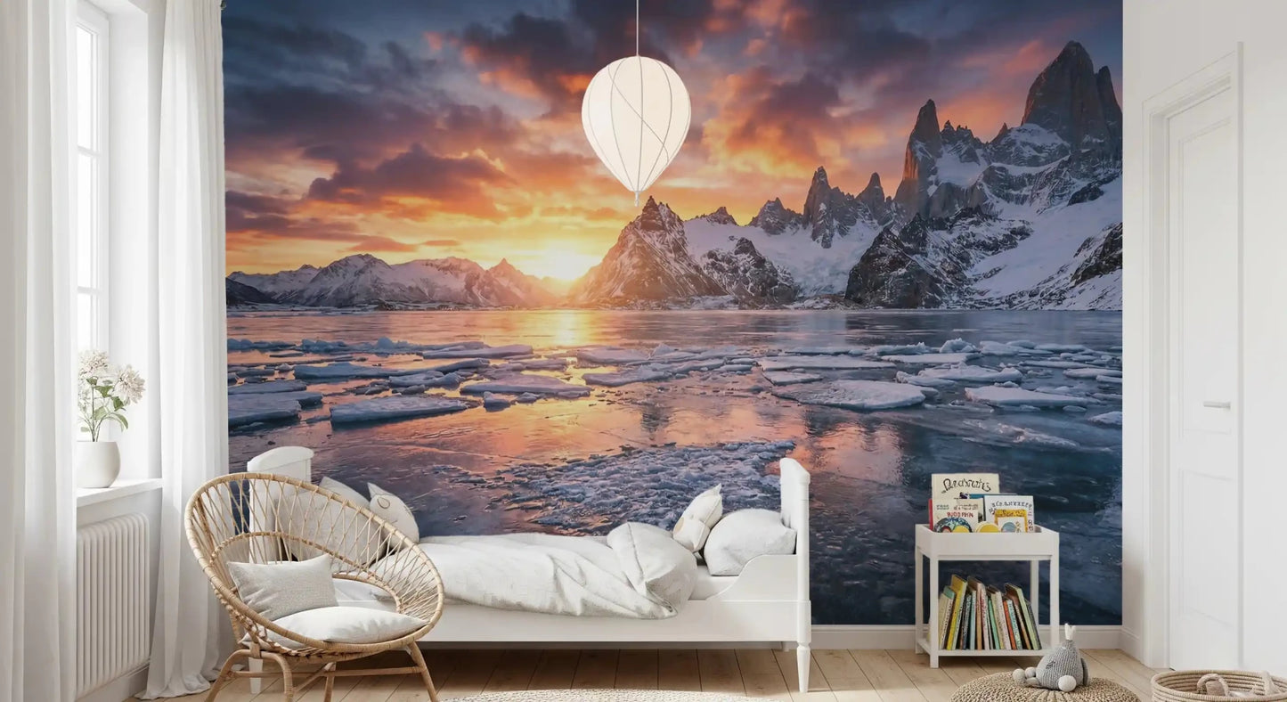 Dramatic Ice & Fire Peaks wall mural featuring jagged snowy alpine ridges, GD9020