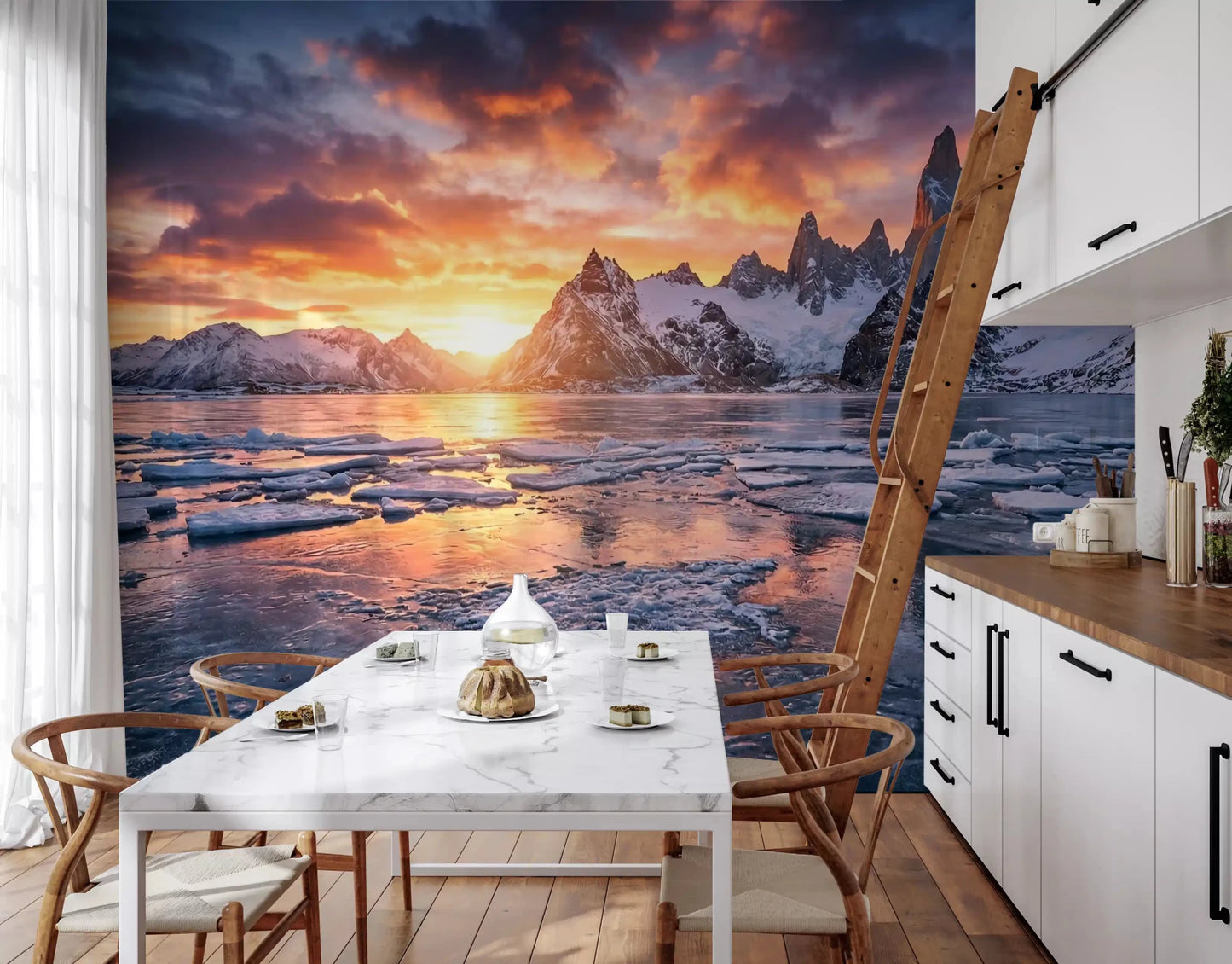 Alpine wall mural showing snow peaks, ice sheets, and sunset reflections, GD9020