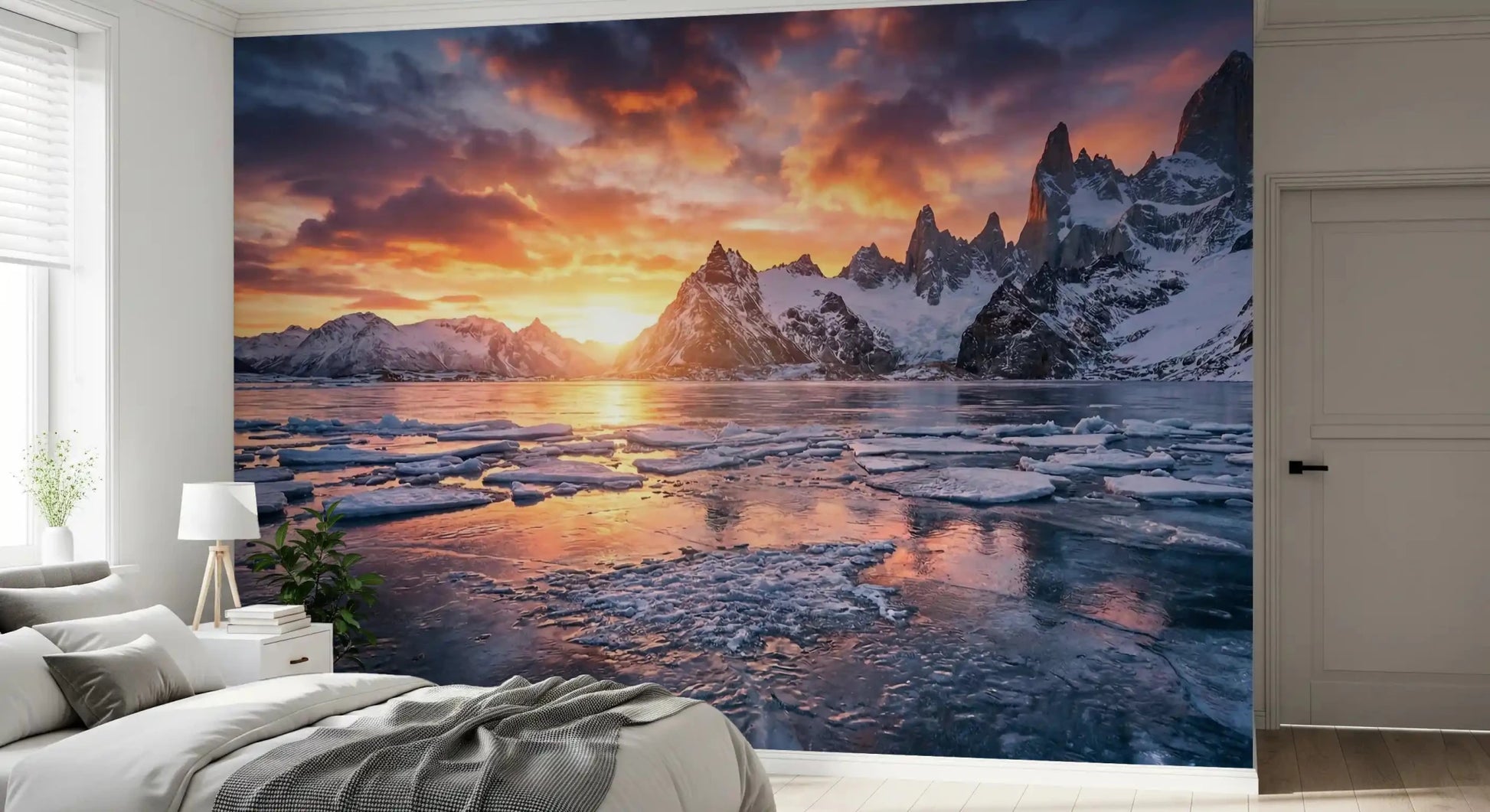 Winter landscape wall mural with frozen shoreline and dramatic sunset sky, GD9020