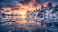 Dramatic Ice & Fire Peaks wall mural in cool blue and fiery amber tones, GD9020