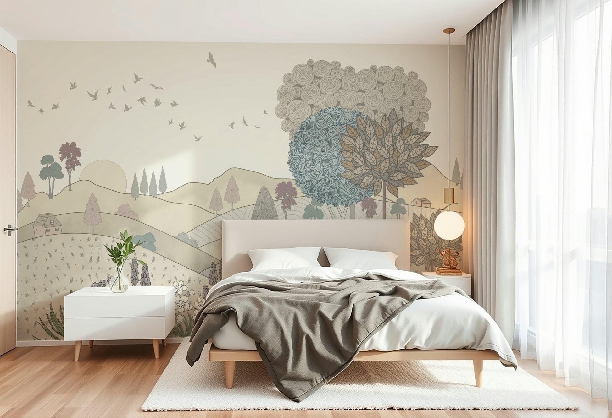 A peaceful wall mural with a hand-drawn landscape.

