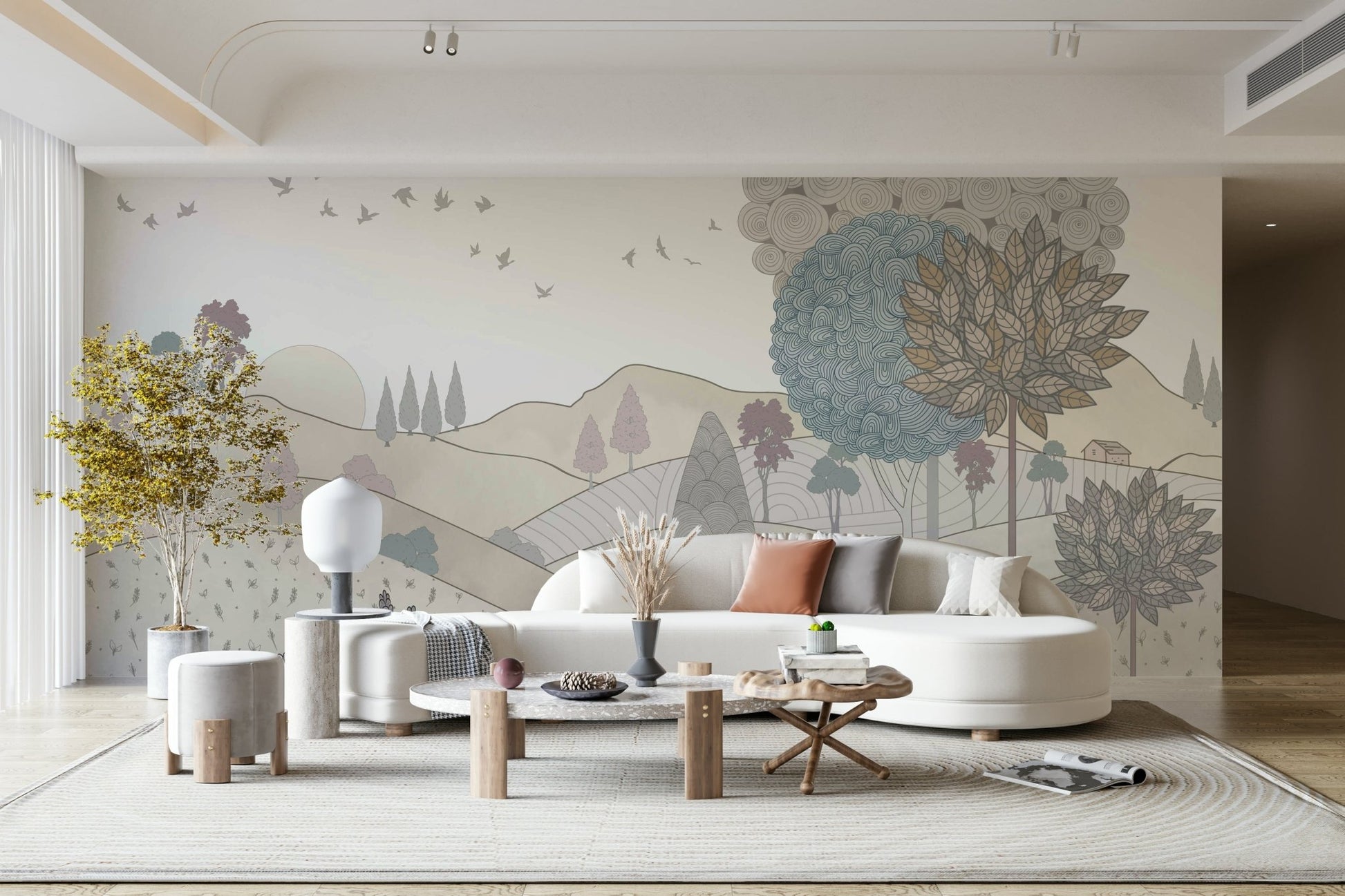 The shapes of the trees and landscape are fluid and abstract.

