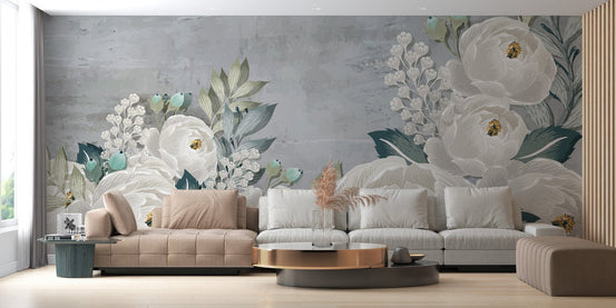 Elegant gray peonies on grunge wallpaper for bedroom A784