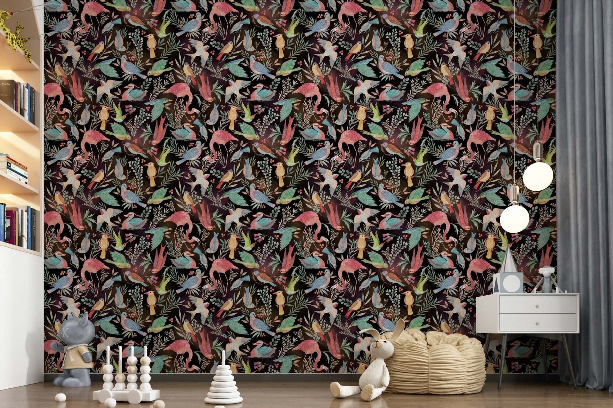 In a living room, Dream Dark Birdwatcher's wallpaper adds moody avian detail easily, GD457
