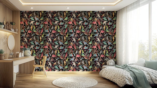 Bedroom calm shifts darker with Dream Dark Birdwatcher's wallpaper and soft birds