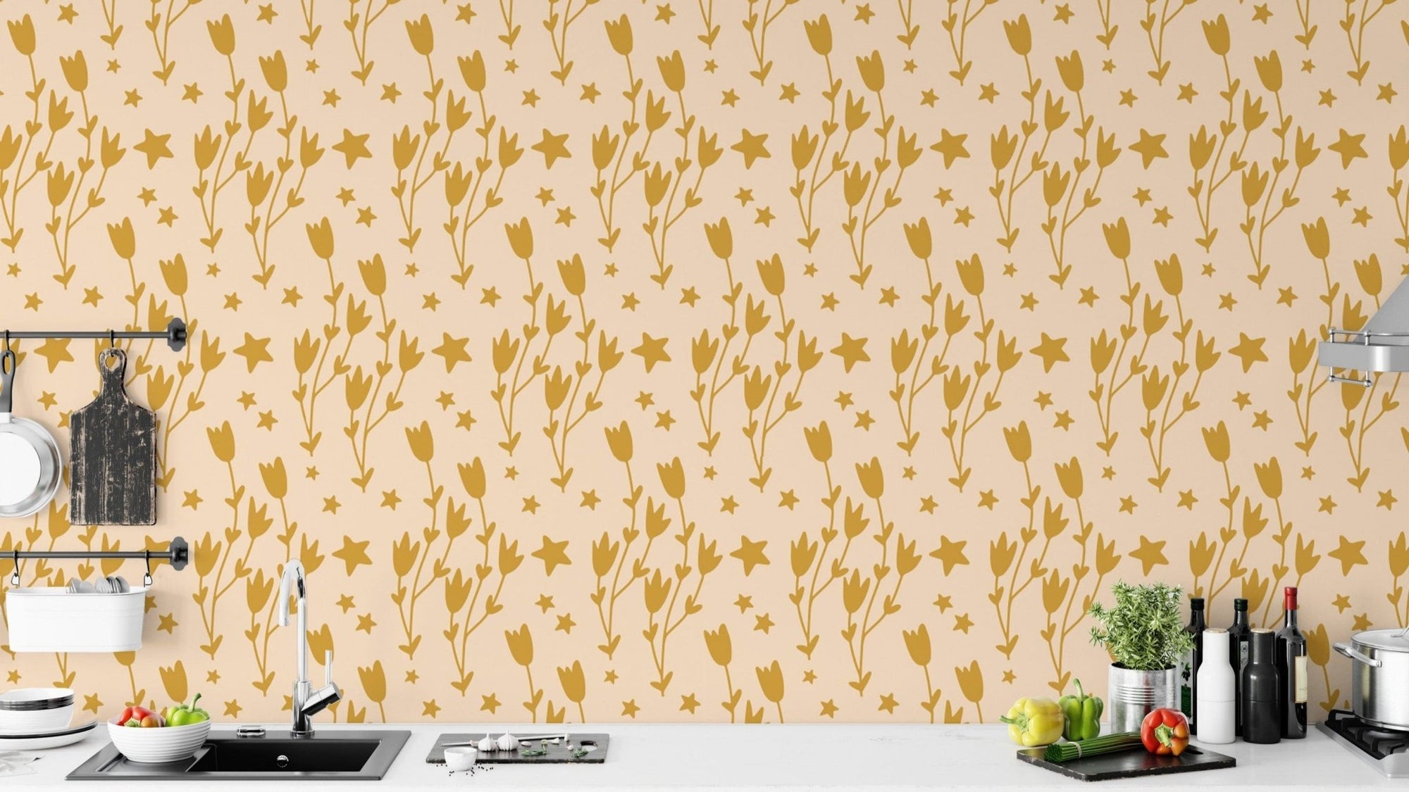 Floral and star mural wallpaper in yellow, SUSCT76