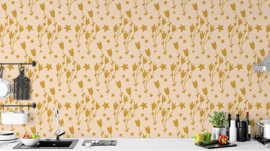 Floral and star mural wallpaper in yellow, SUSCT76
