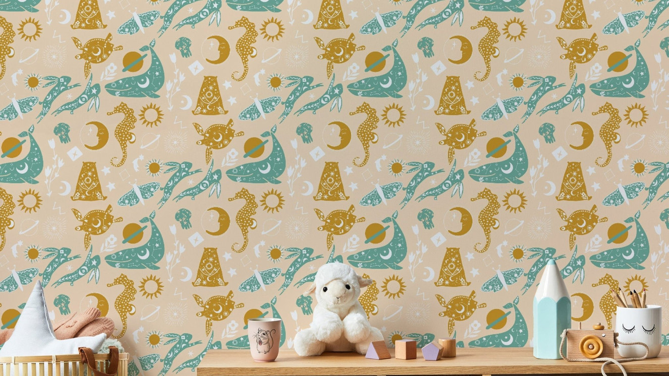 Playful night-themed animal wallpaper design
