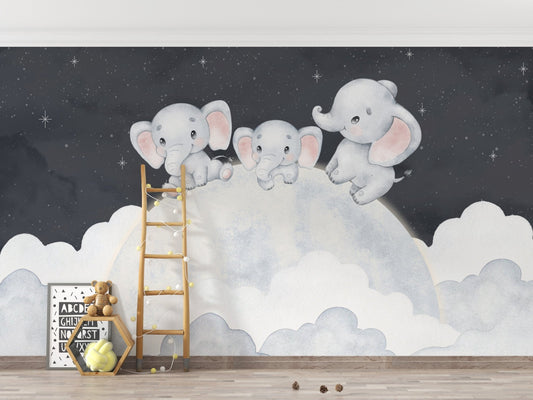 Cute elephants on moon wall mural D217
