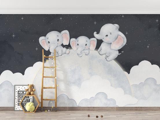 Cute elephants on moon wall mural D217
