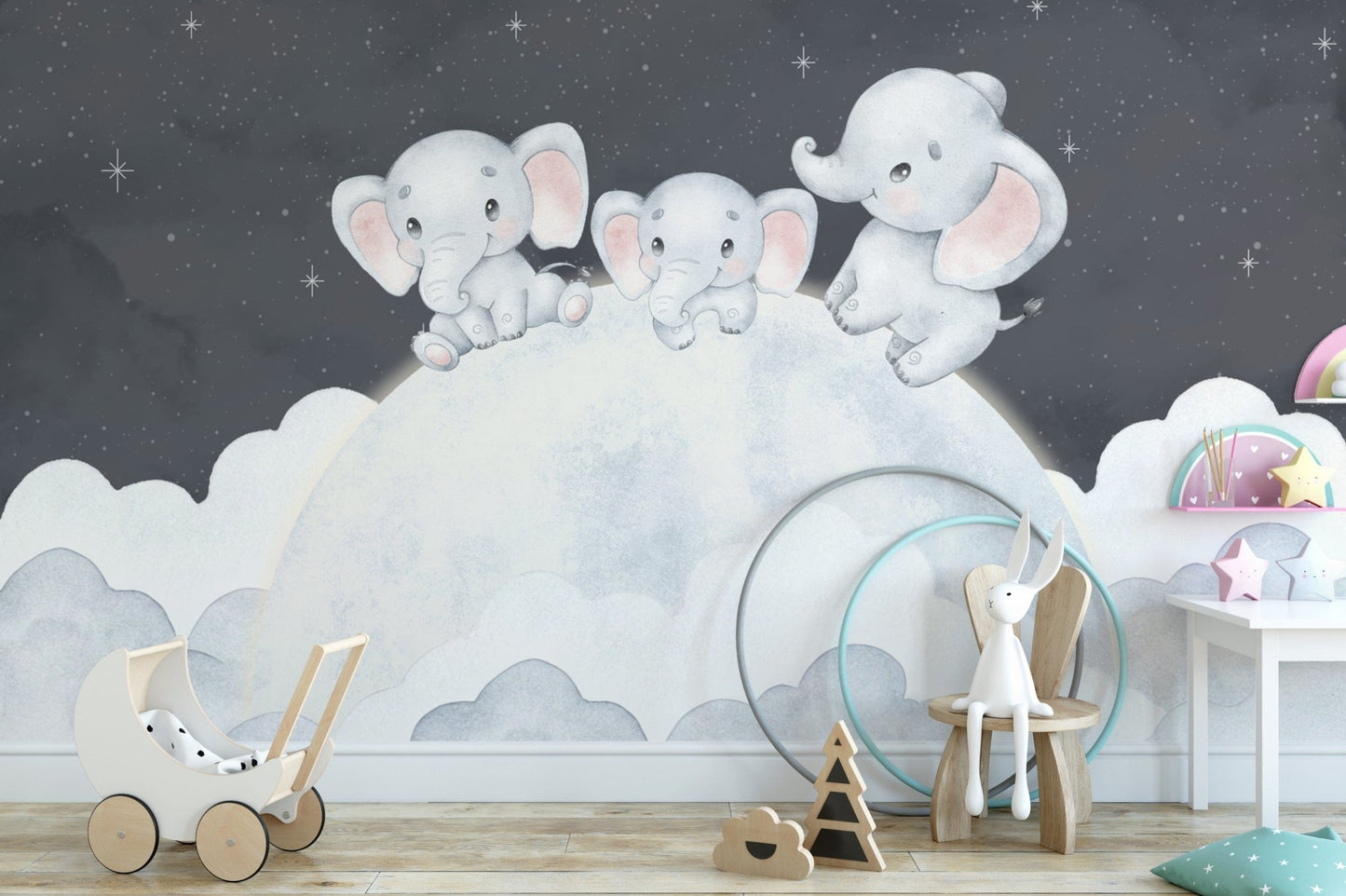 Elephant wallpaper with clouds and stars
