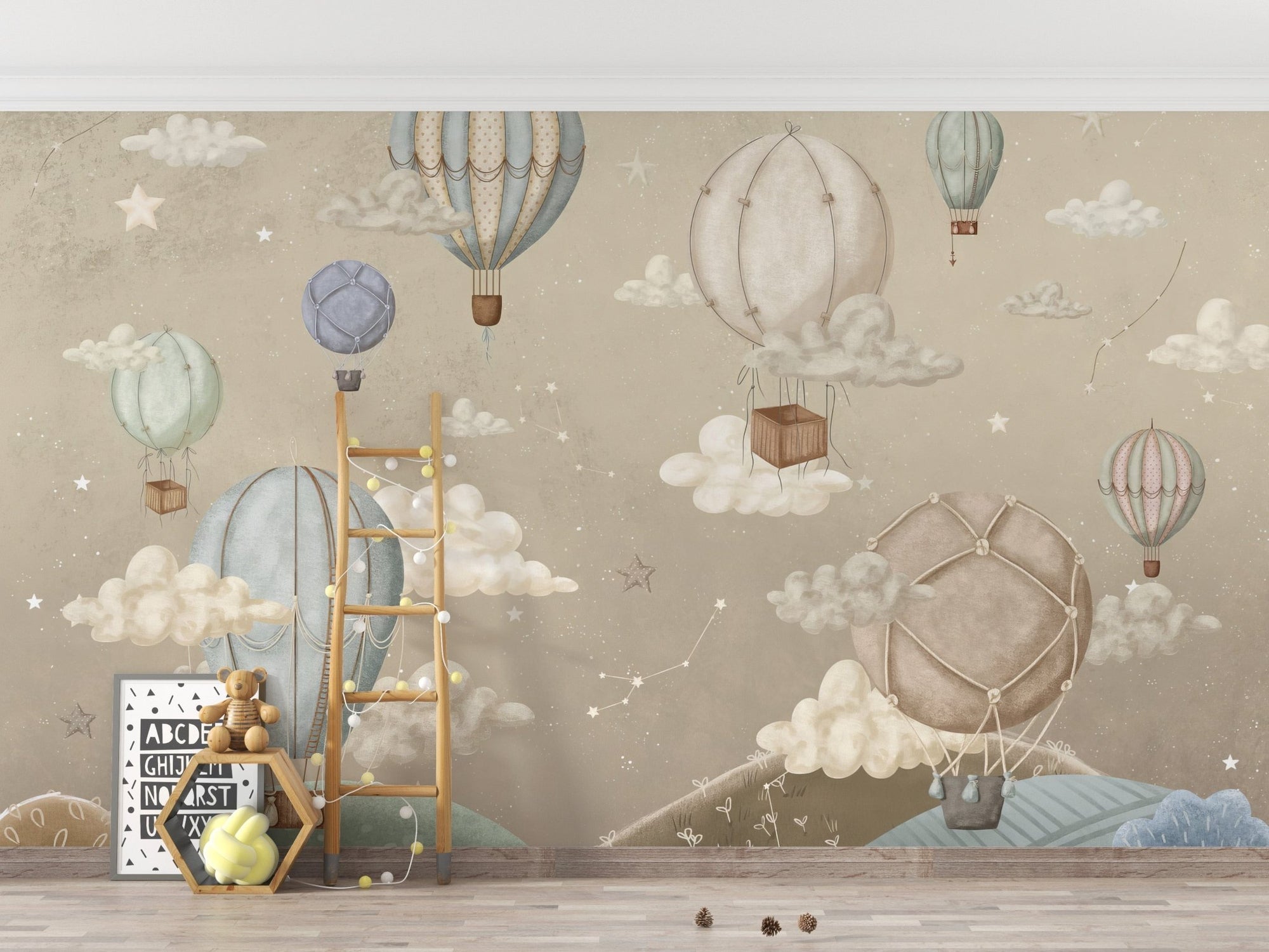 Dreamy balloon adventure mural with stars, C78
