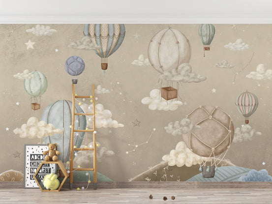 Dreamy balloon adventure mural with stars, C78