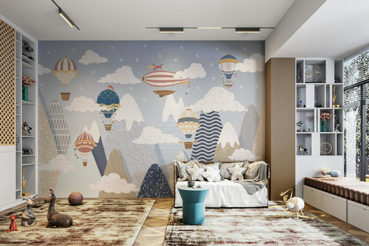 A peaceful scene of hot air balloons floating in the sky.

