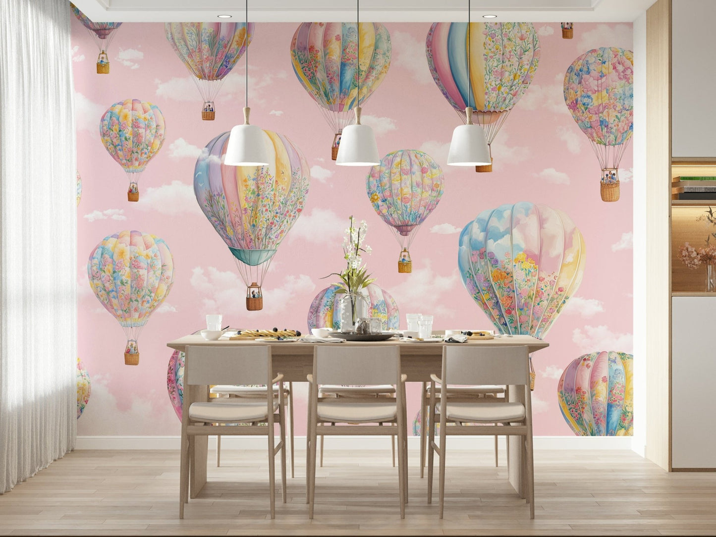 The sky scene of Dreamy Balloon Voyage Mural complementing light furniture.