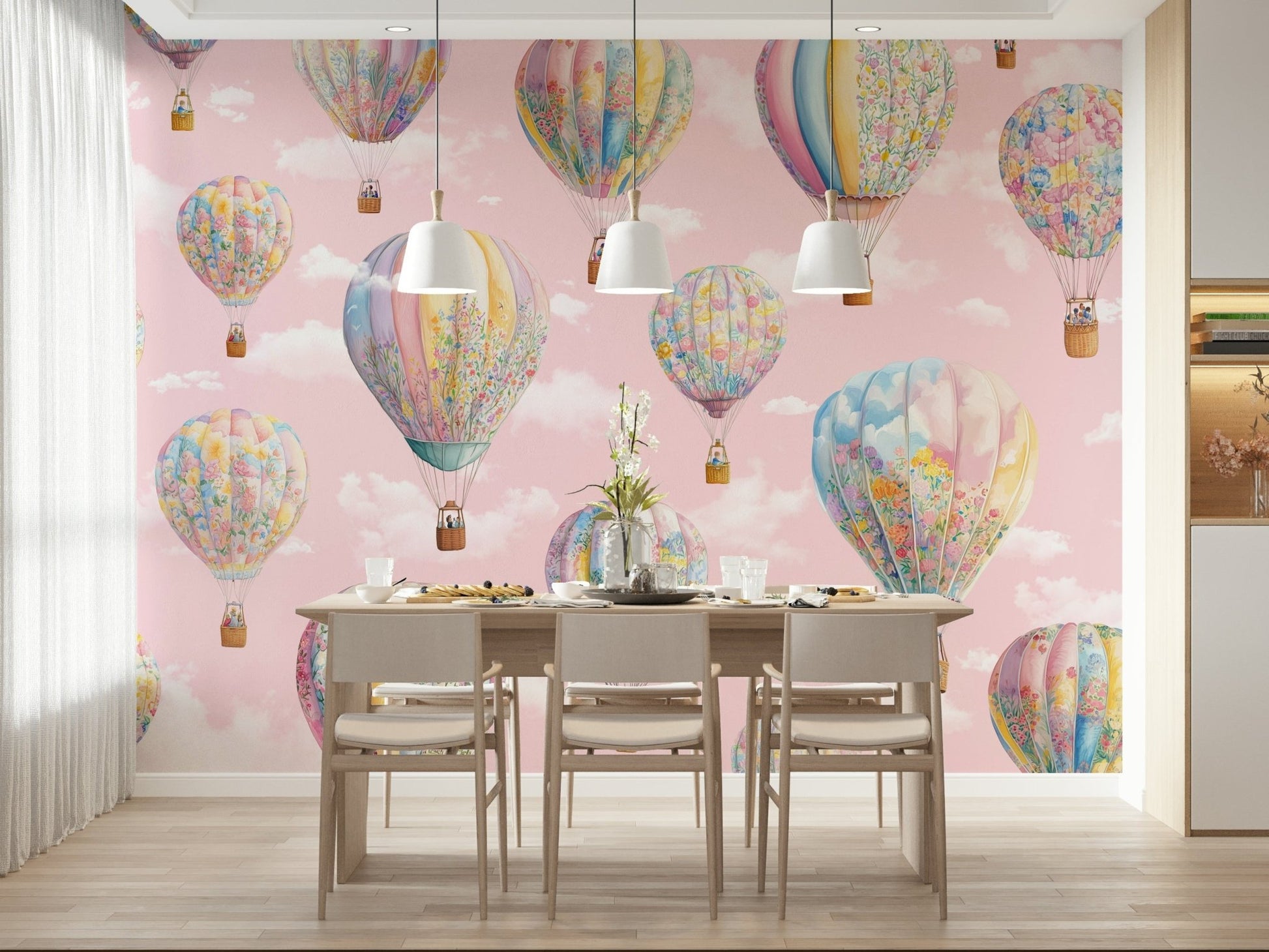 The sky scene of Dreamy Balloon Voyage Mural complementing light furniture.