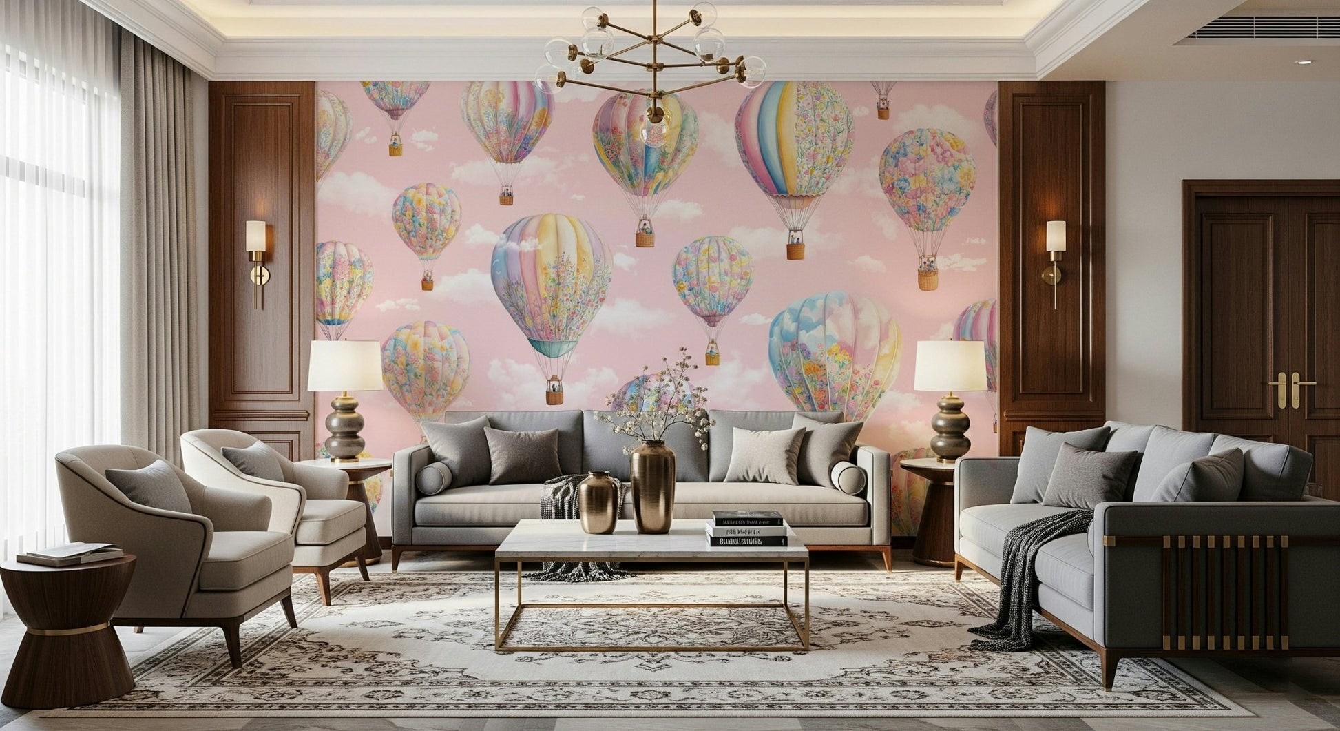 Soft pastel colors of the Dreamy Balloon Voyage Wall Mural design.
