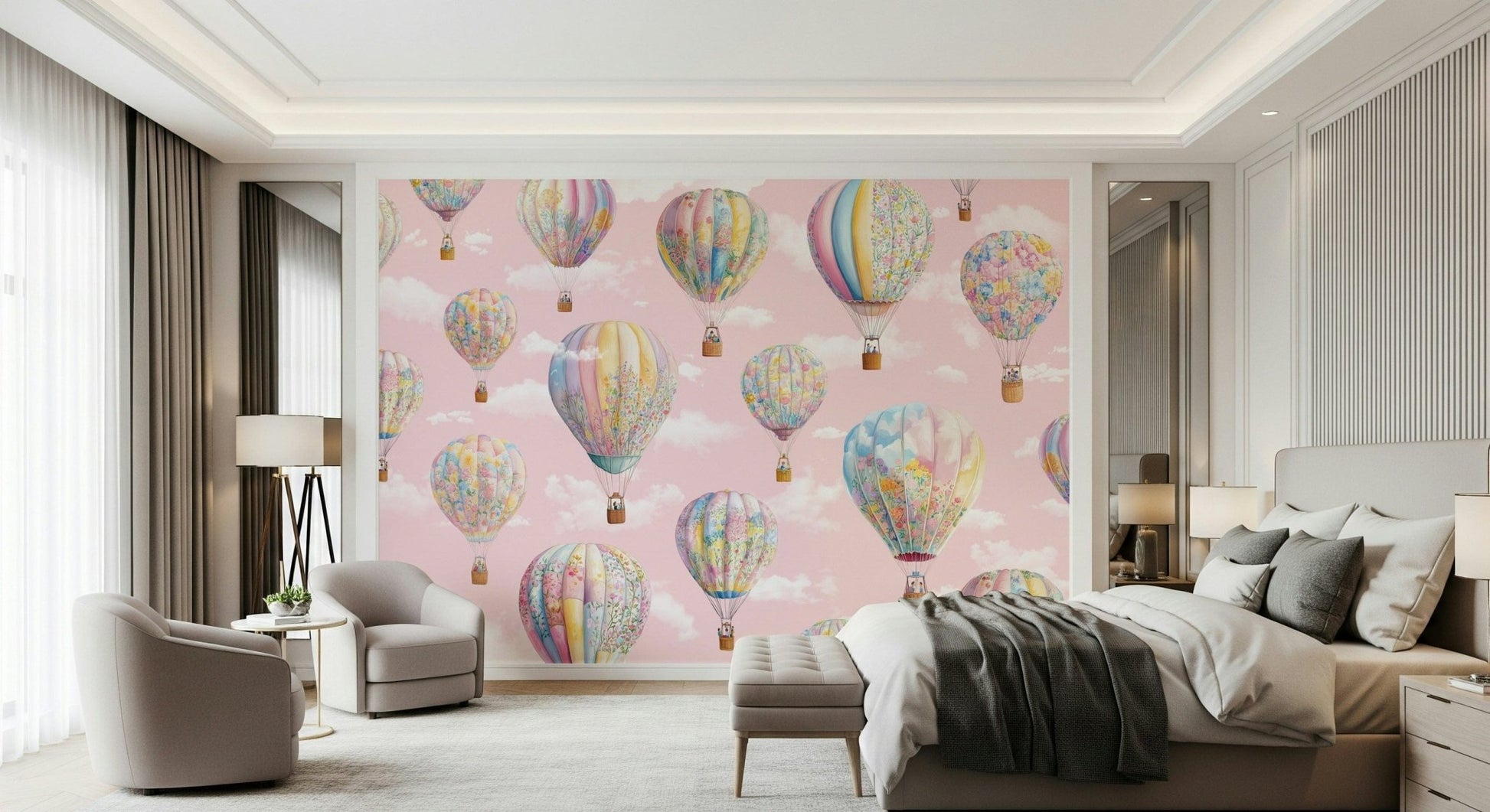Designer playroom with Dreamy Balloon Voyage Wall Mural adding whimsy.