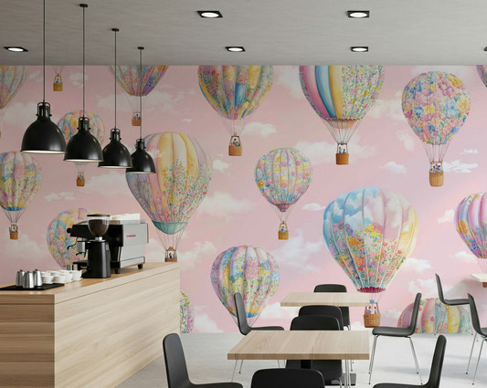 A child's bedroom featuring the whimsical scene of Dreamy Balloon Voyage.