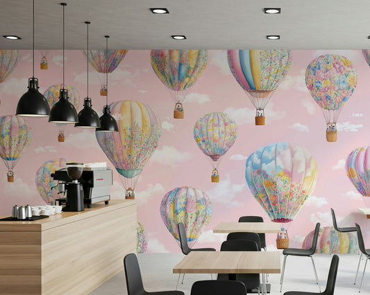 A child's bedroom featuring the whimsical scene of Dreamy Balloon Voyage.