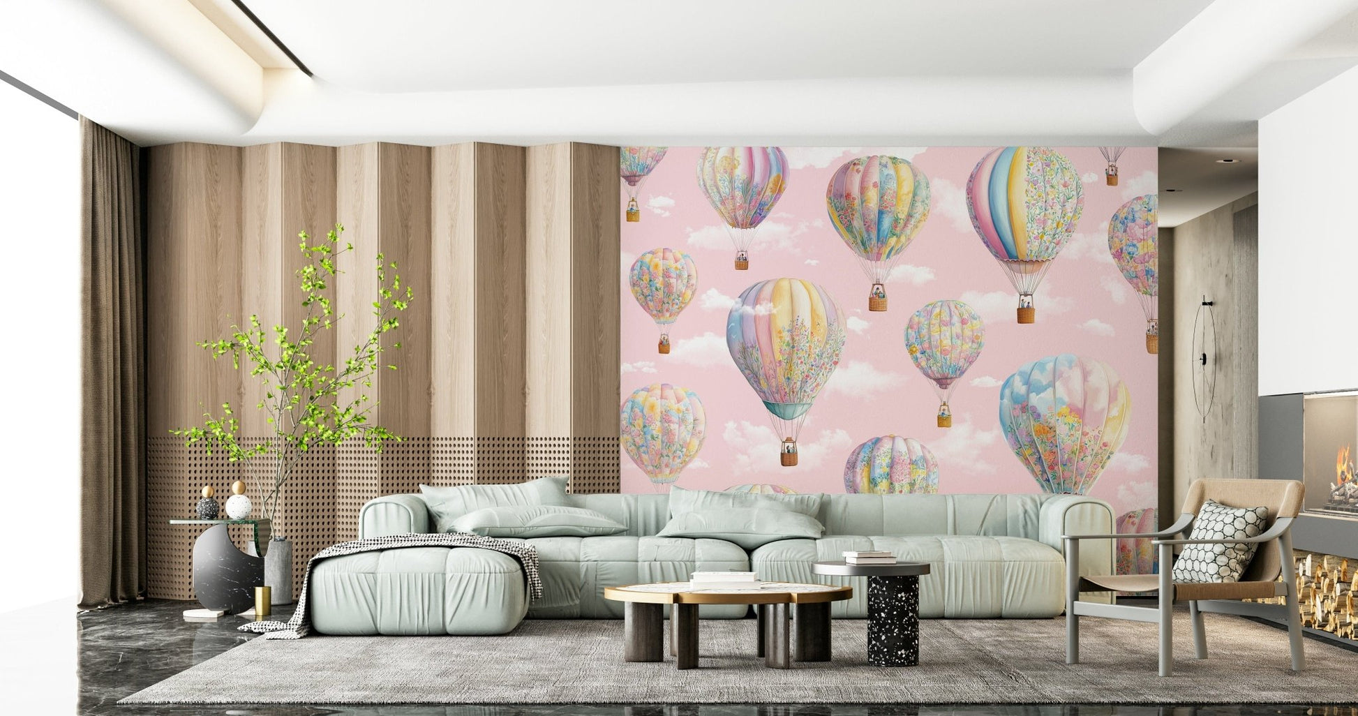 Stylish entryway featuring Dreamy Balloon Voyage Mural as a background.