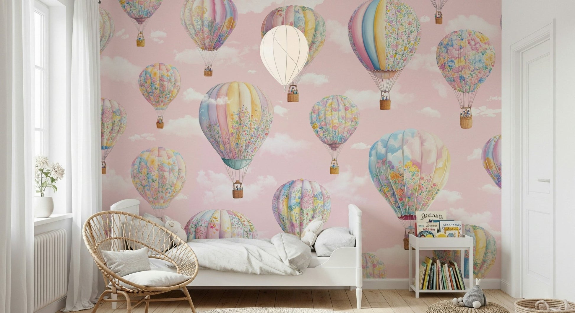 Dreamy Balloon Voyage Wall Mural creating a magical, airy nursery space.