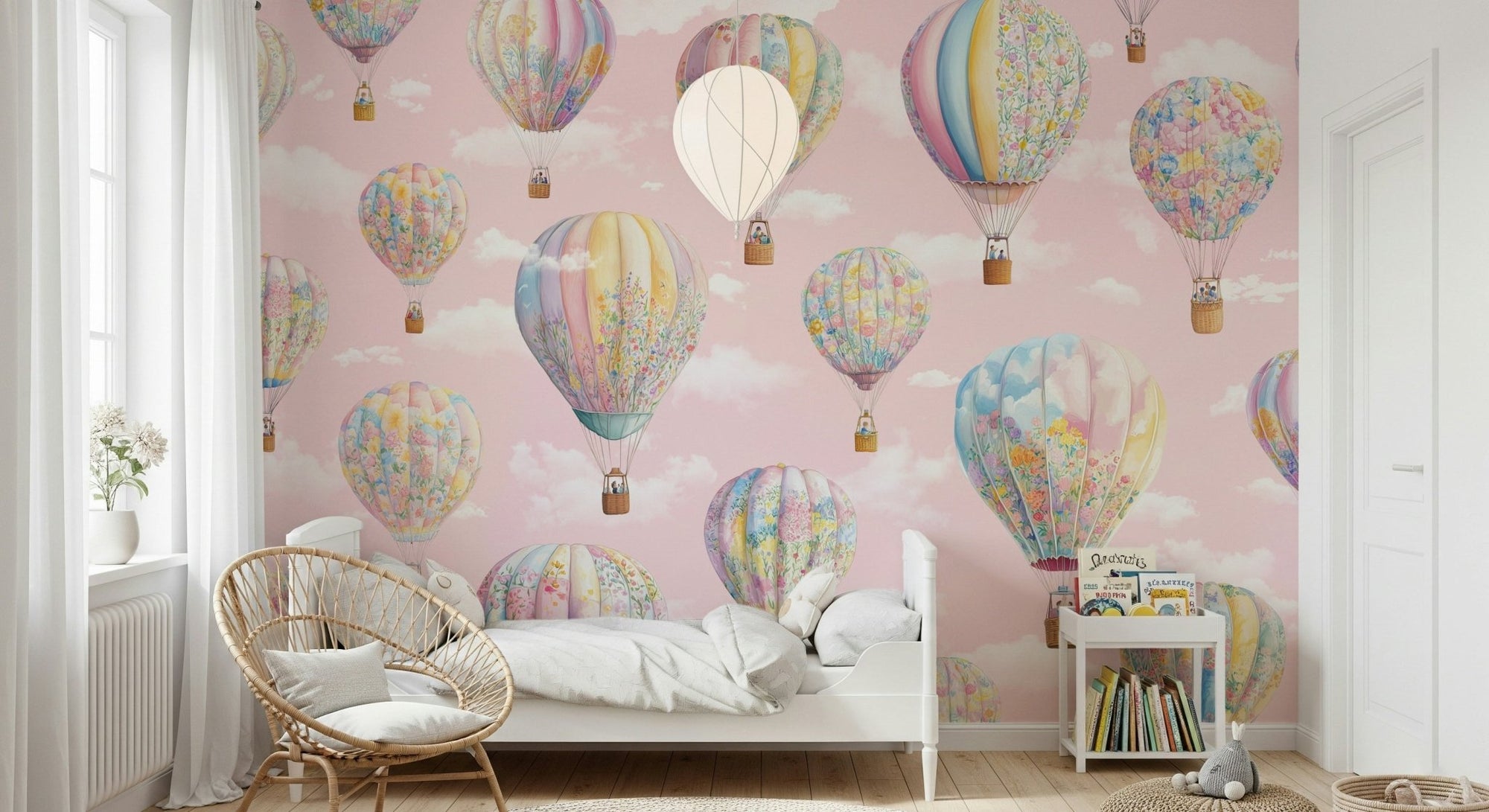 Dreamy Balloon Voyage Wall Mural creating a magical, airy nursery space., GD6342