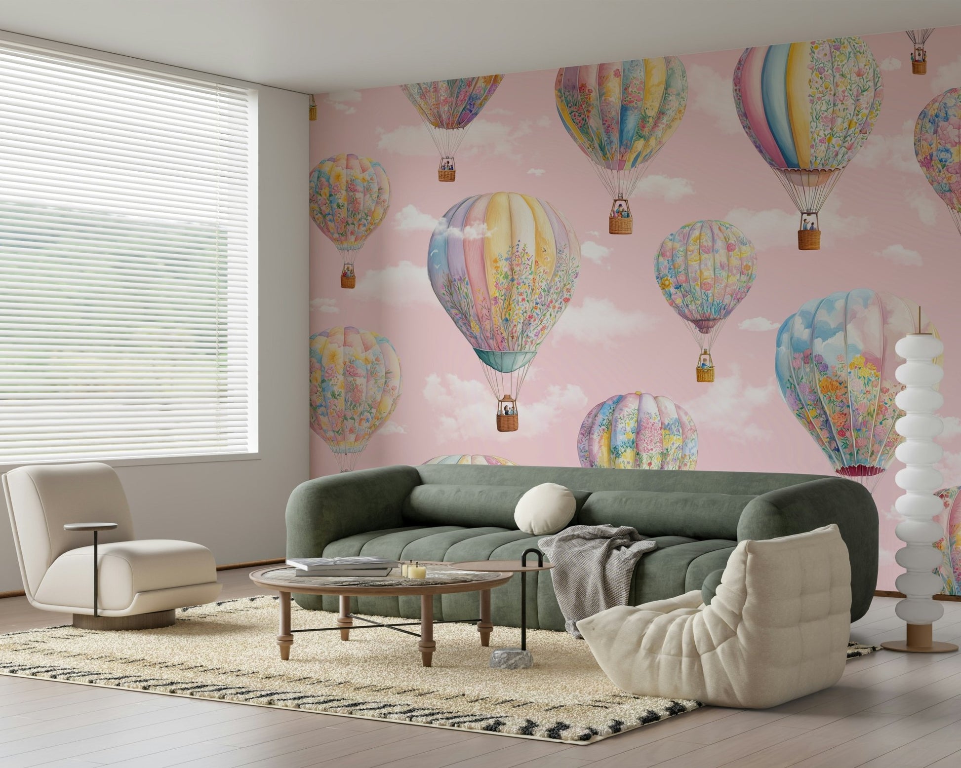 A reading nook for children featuring the gentle Dreamy Balloon Voyage.