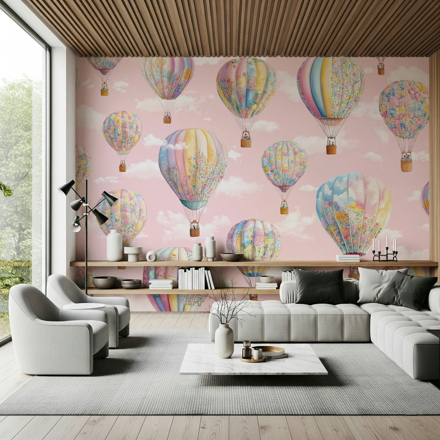 Office interior showcasing Dreamy Balloon Voyage Mural's imaginative flair.