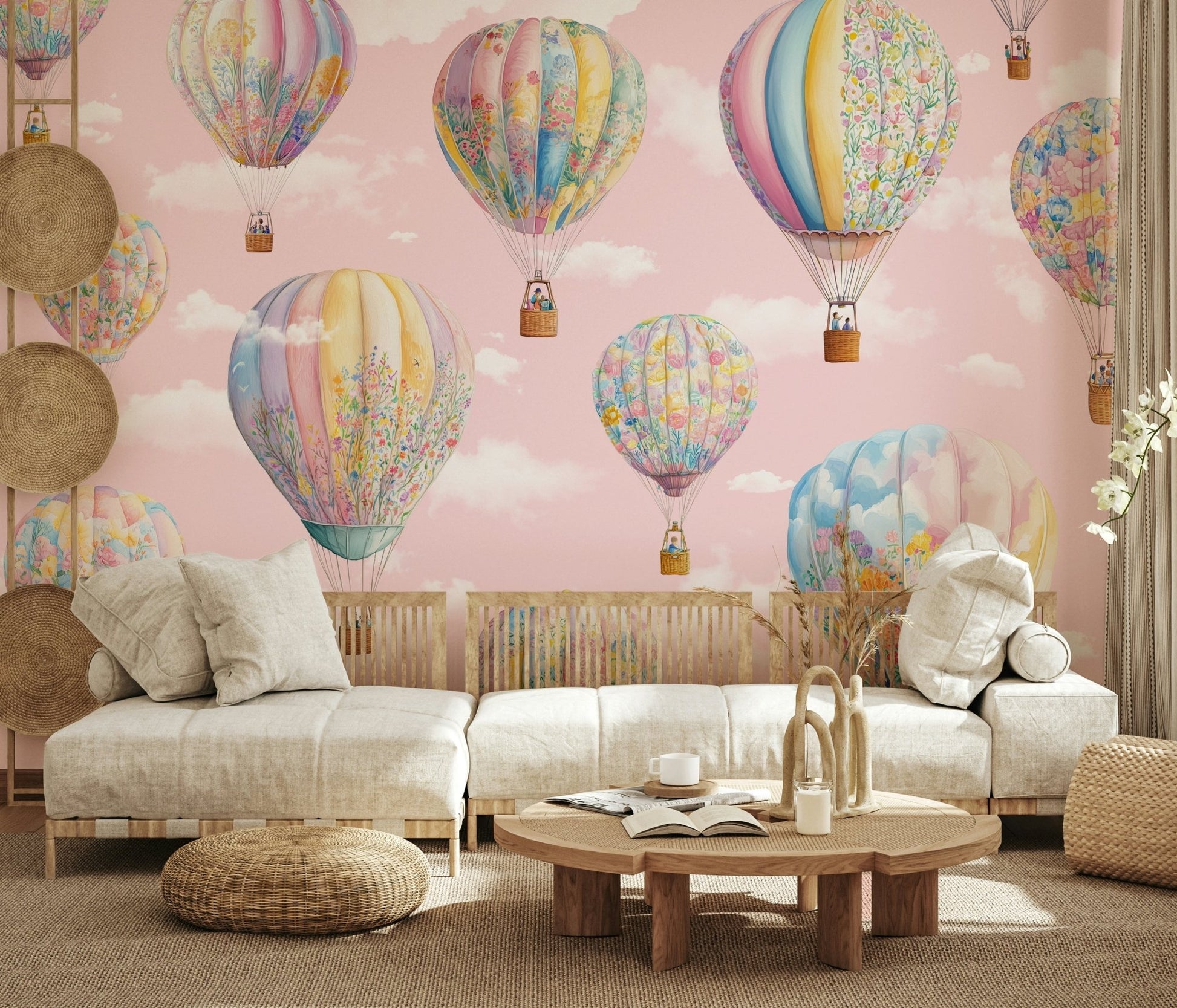 The hot air balloons of Dreamy Balloon Voyage in a play area setting.