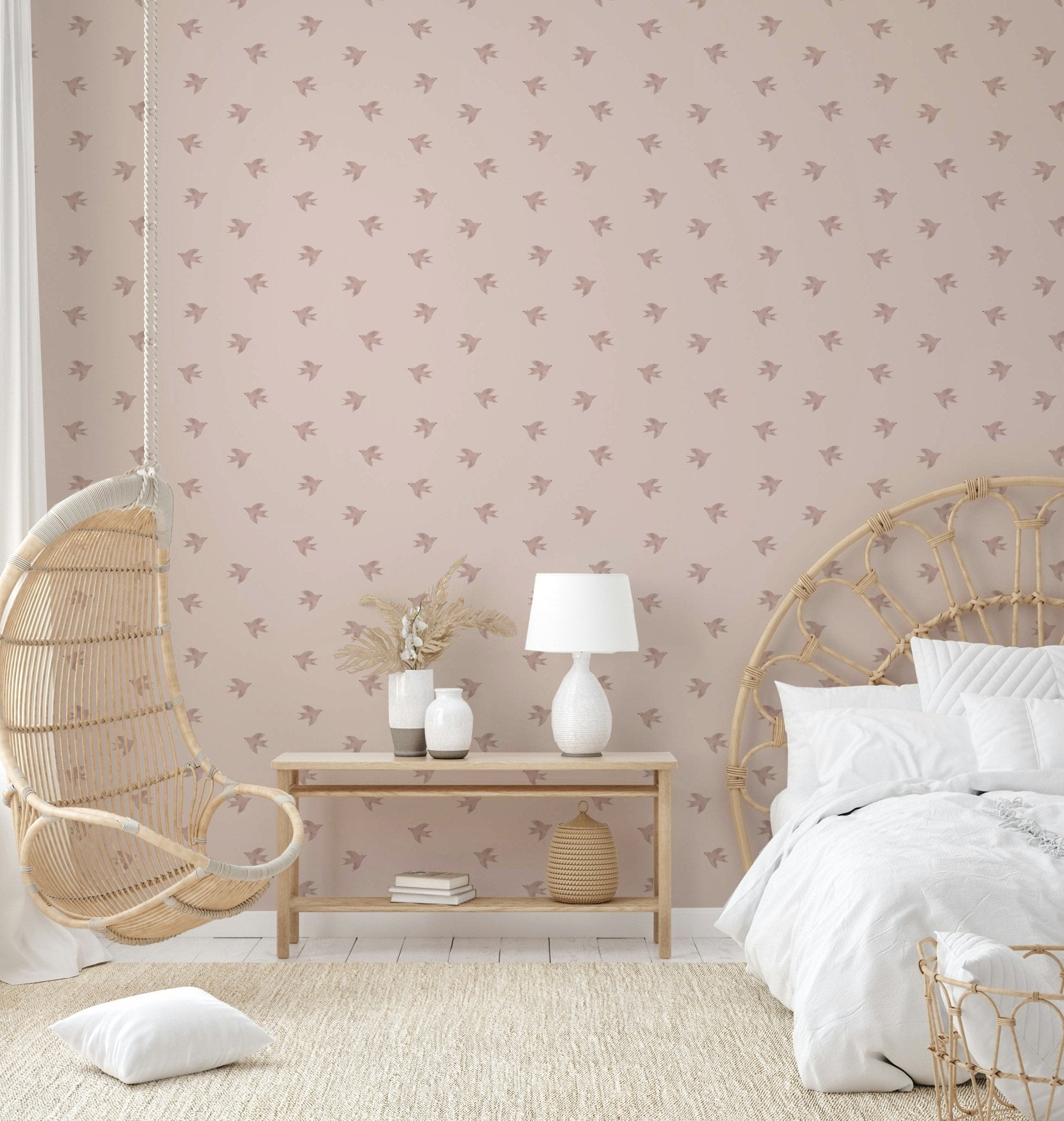 Shell pink wallpaper with delicate dreamy bird designs GD533

