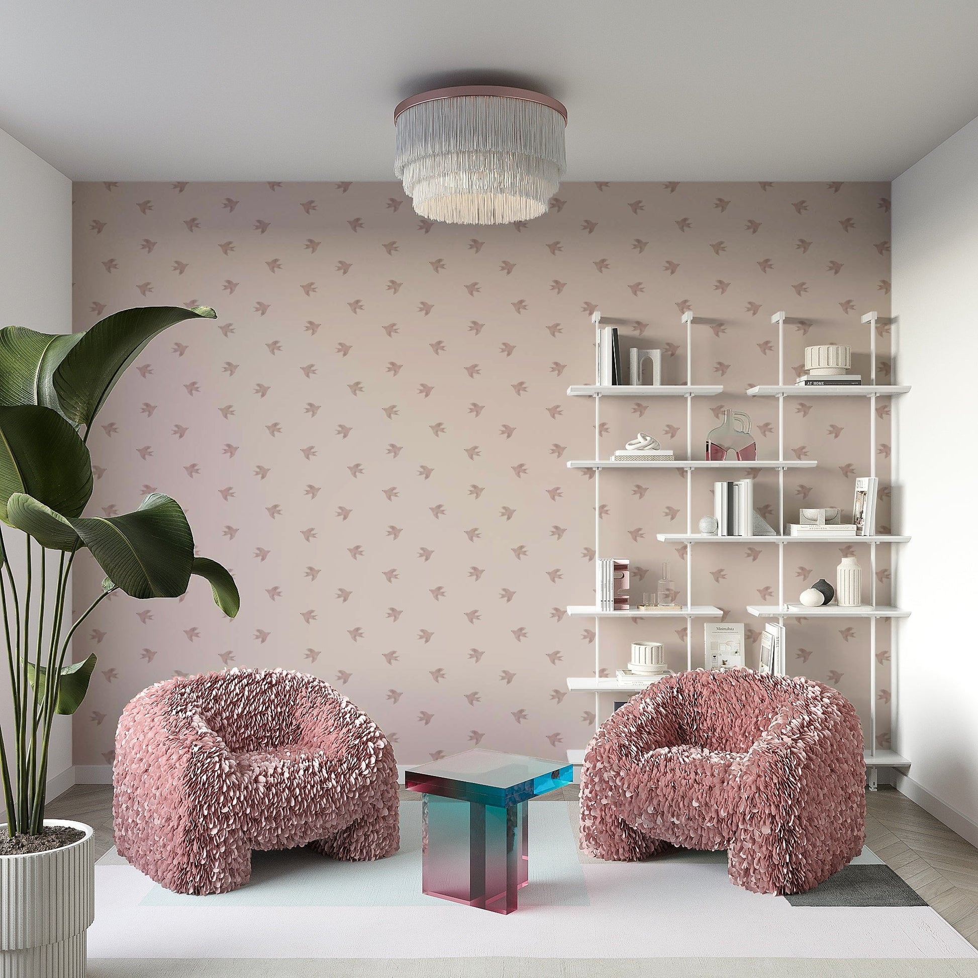 Romantic pink wallpaper with nature-inspired bird elements GD533

