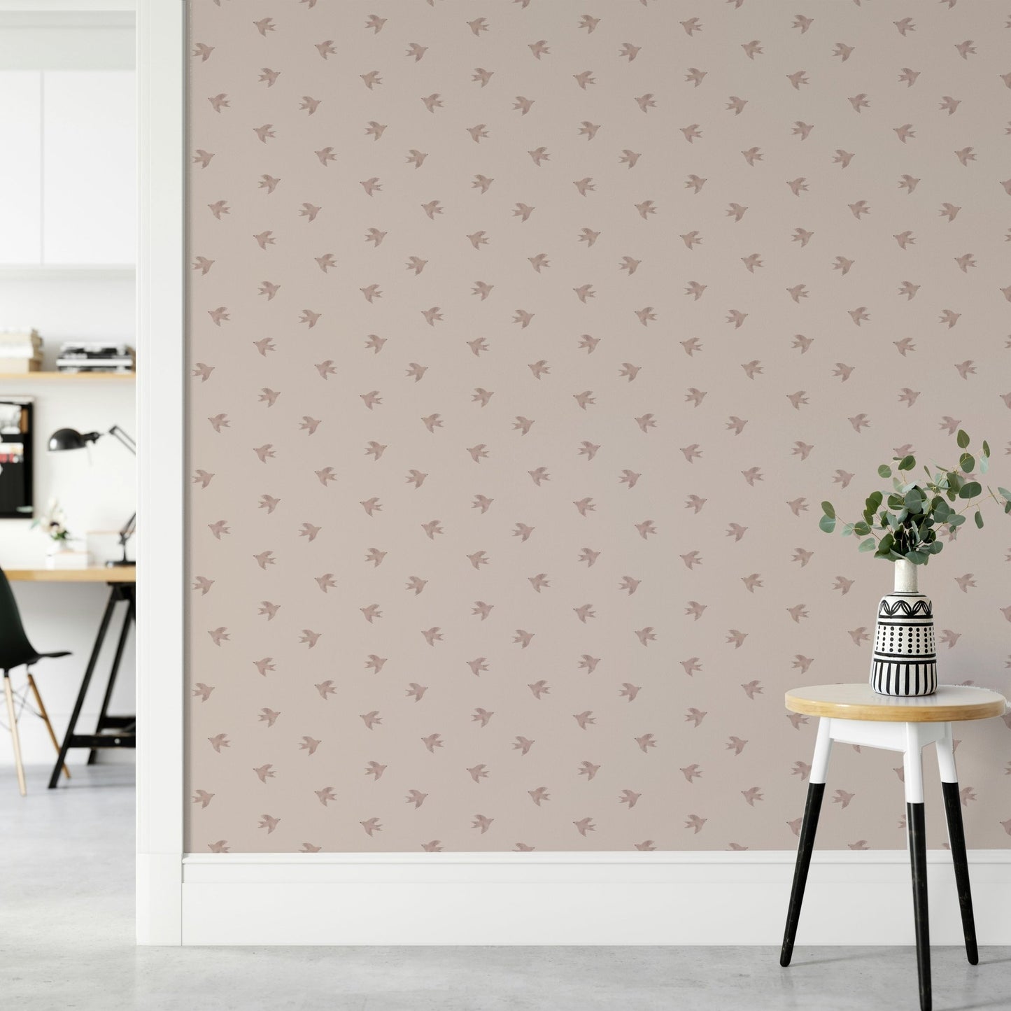 Dreamy birds in flight on shell pink wallpaper backdrop GD533


