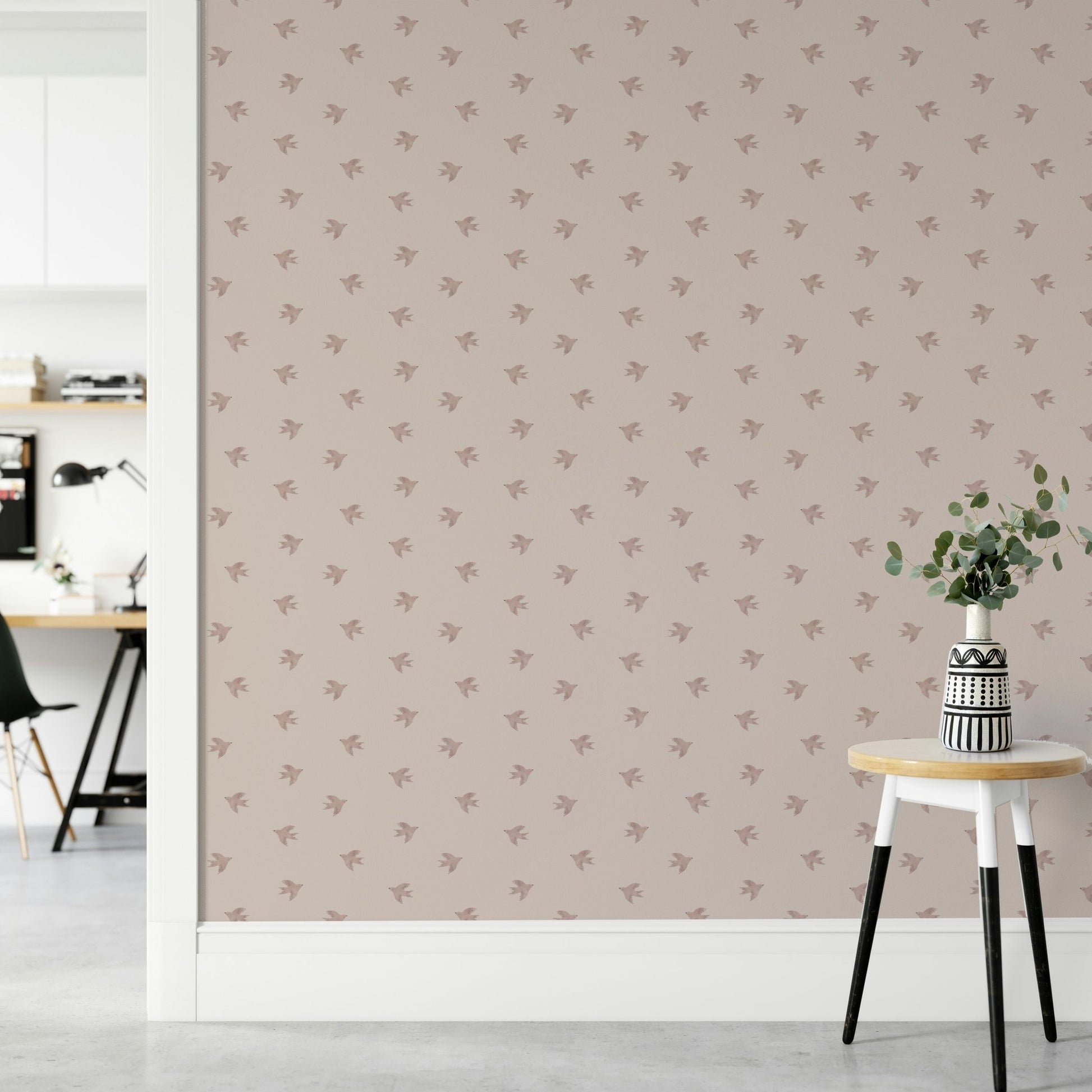 Dreamy birds in flight on shell pink wallpaper backdrop GD533

