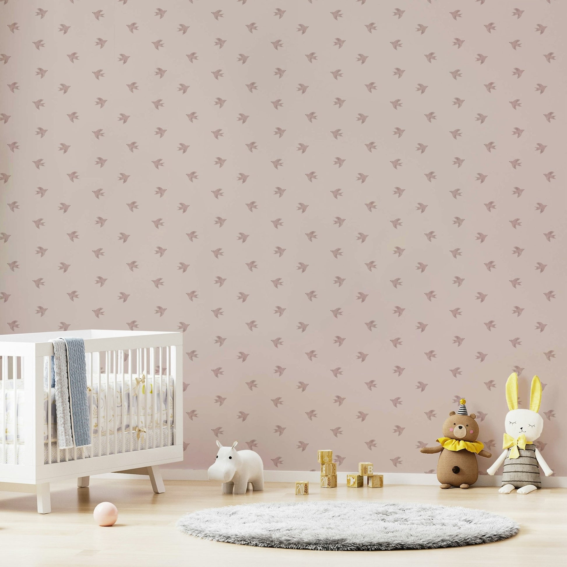 Whimsical bird wallpaper in soft pink pastel tones GD533

