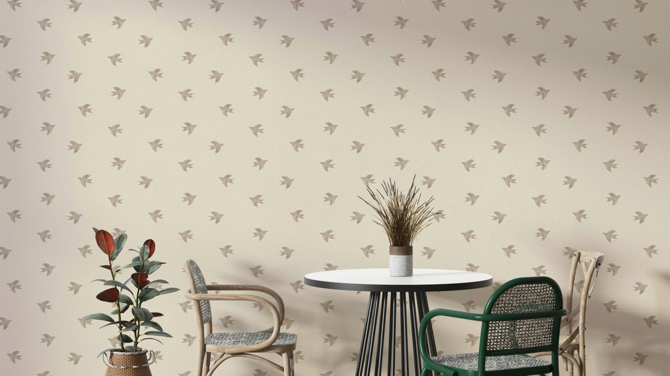 Soft beige wallpaper featuring elegant flying birds


