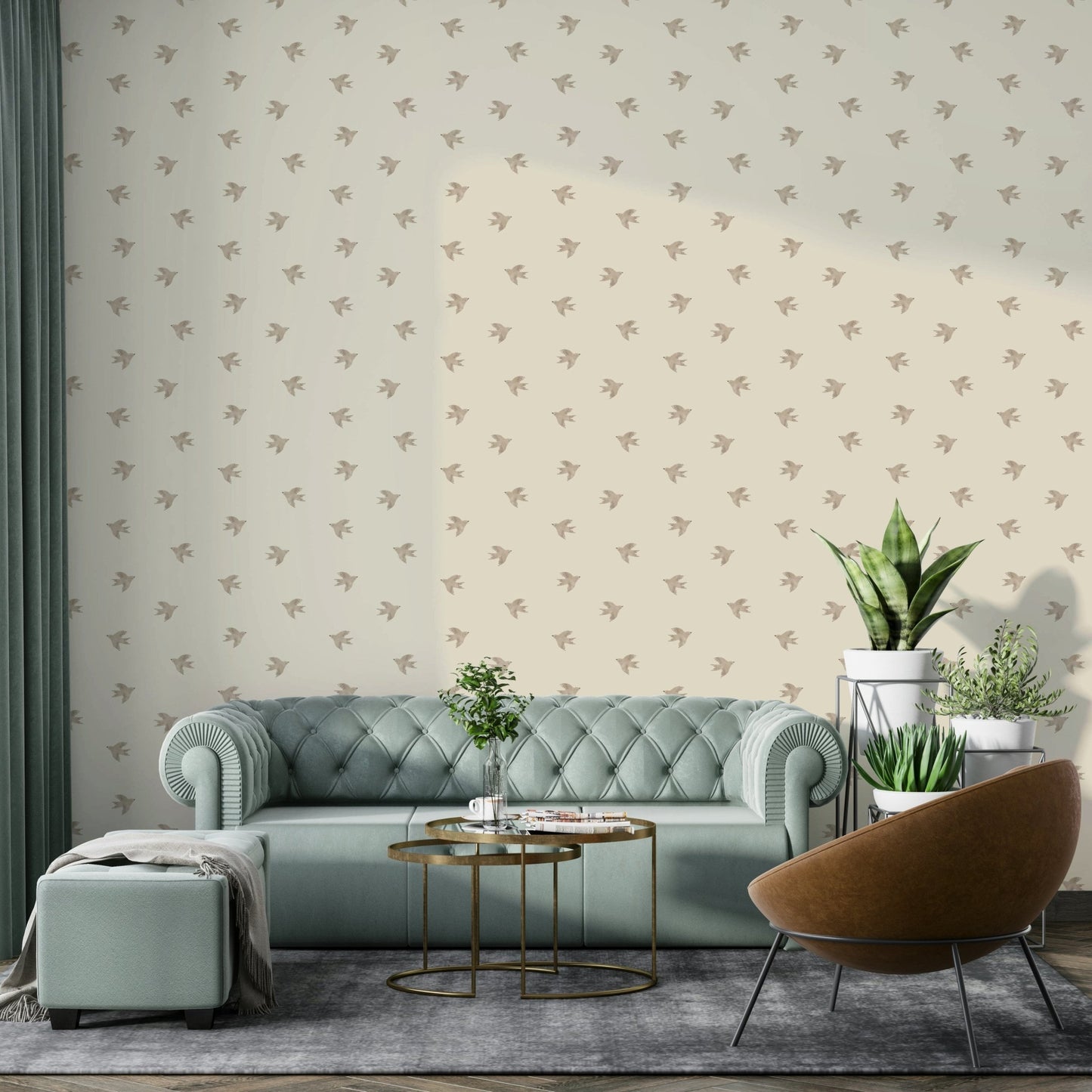 Dreamy forest bird wallpaper in soft pastel shades

