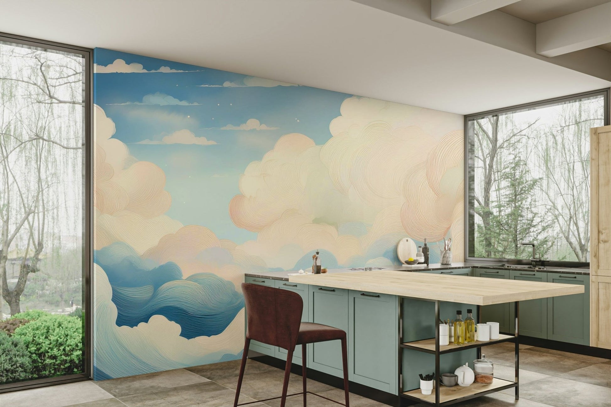 Nature-inspired wall mural with soft cloud design, GD1664