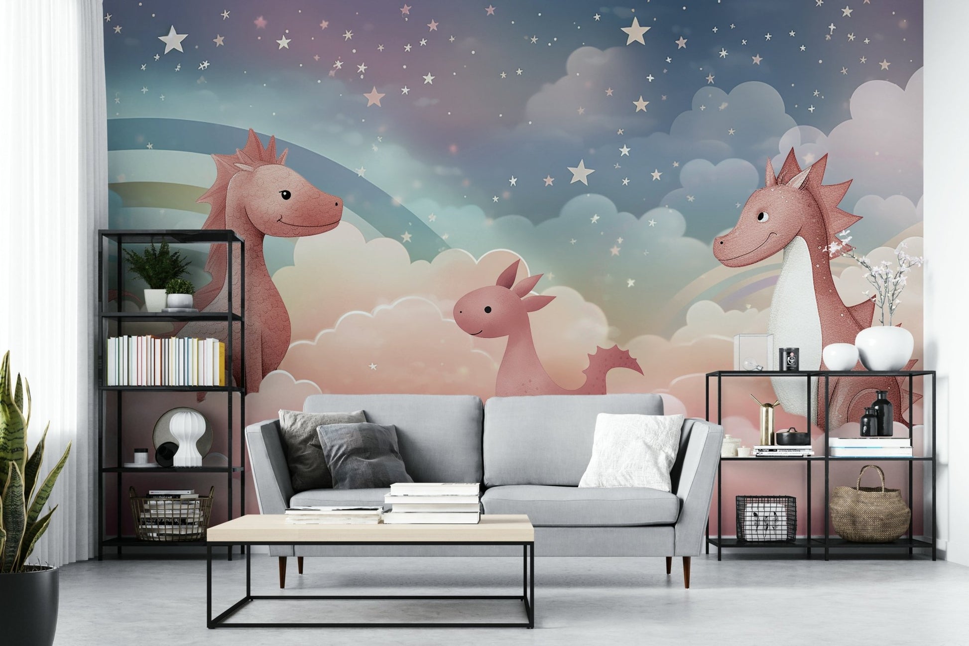 A wall mural of a peaceful dragon pattern.

