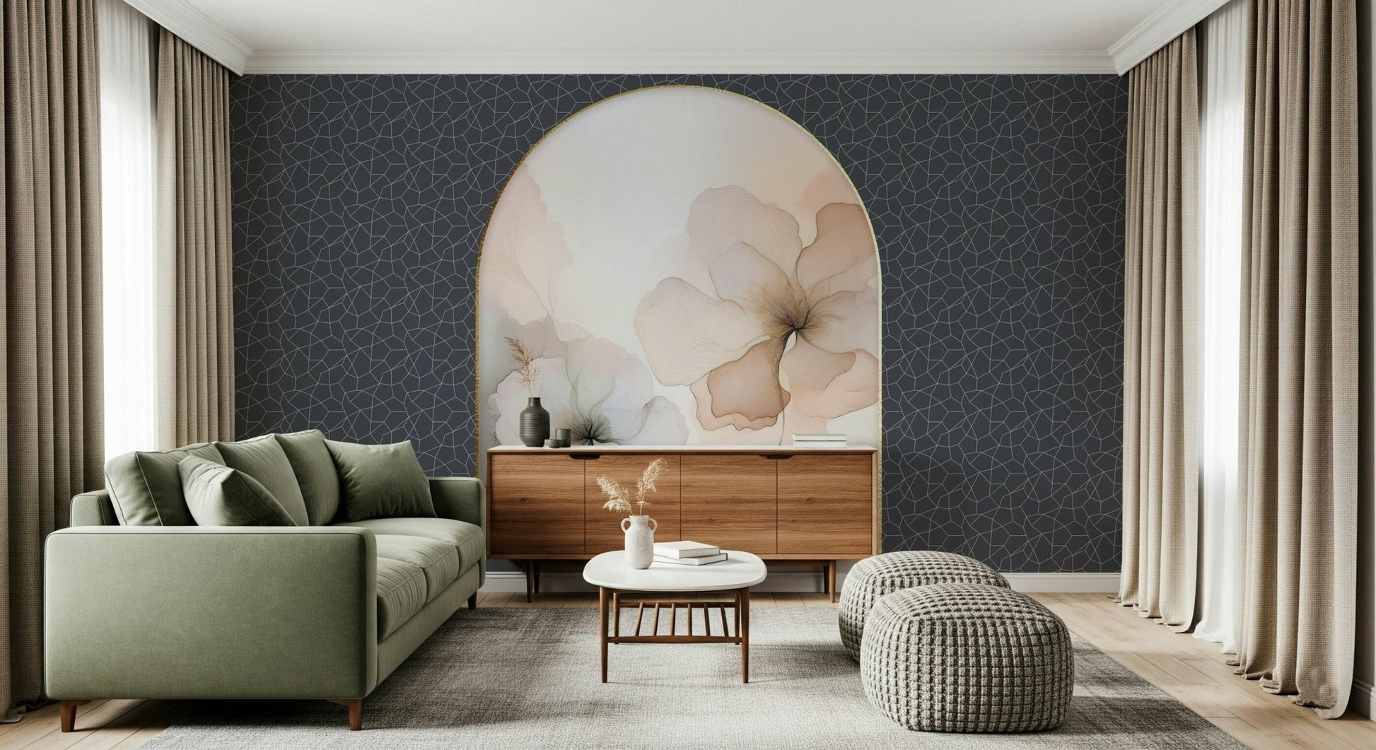 Dreamy Floral Archway Wall Mural creating a sense of dimension in a hallway., GD6330